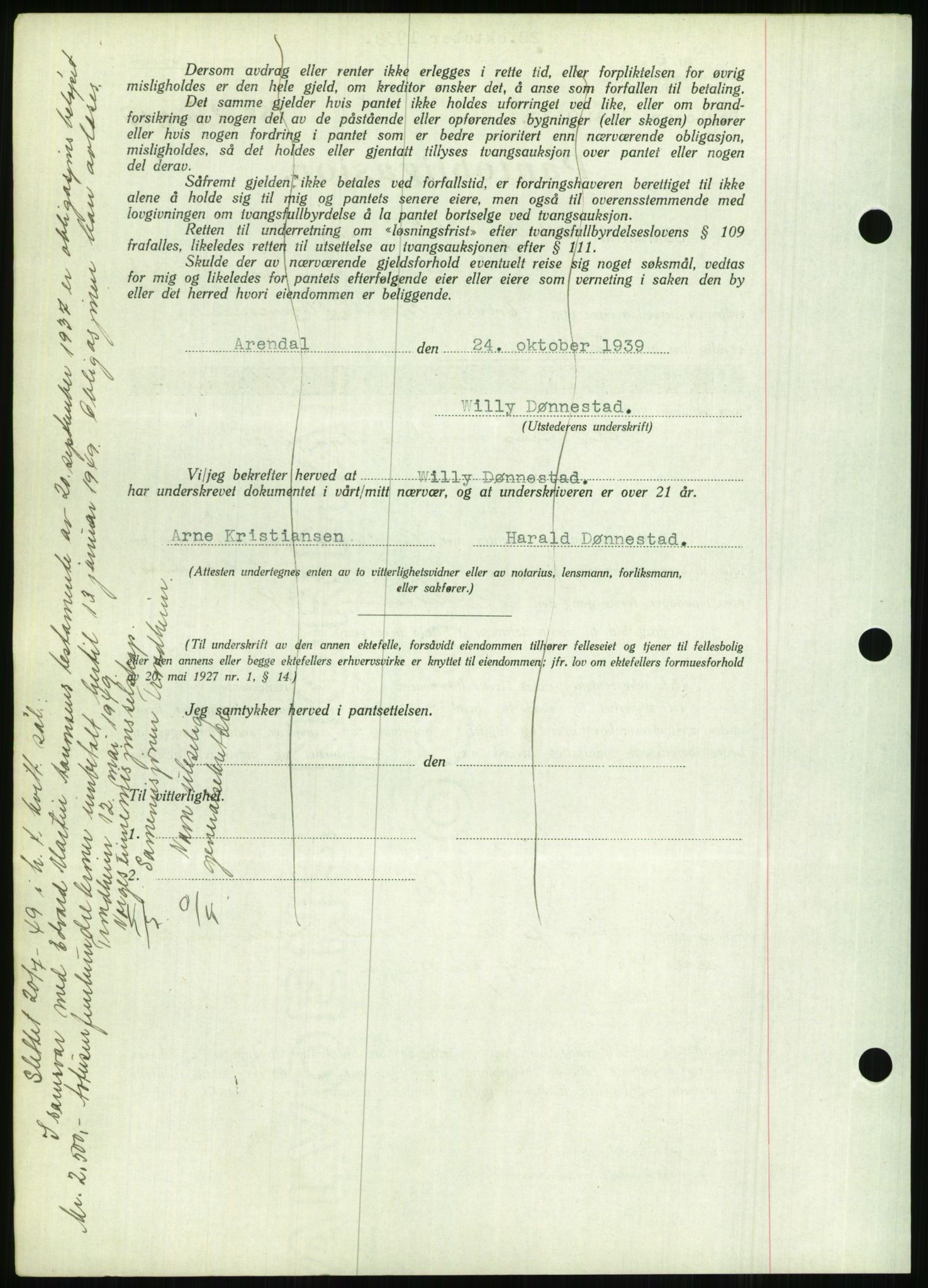 Nedenes sorenskriveri, AV/SAK-1221-0006/G/Gb/Gbb/L0001: Mortgage book no. I, 1939-1942, Diary no: : 1084/1939