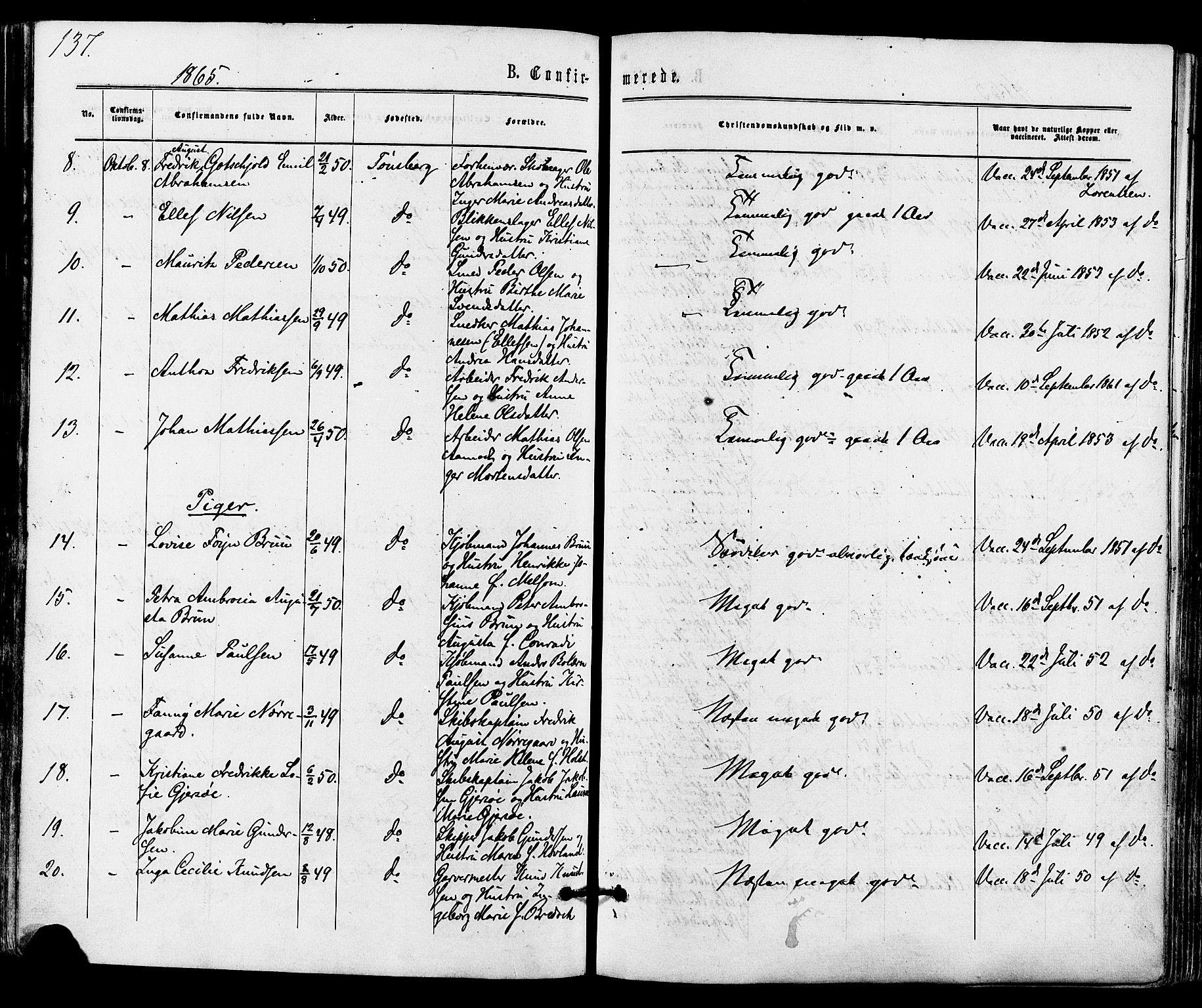 Tønsberg kirkebøker, AV/SAKO-A-330/F/Fa/L0009: Parish register (official) no. I 9, 1865-1873, p. 137