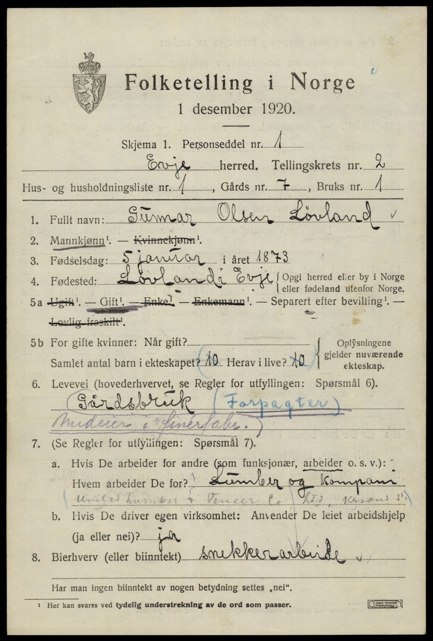 SAK, 1920 census for Evje, 1920, p. 638