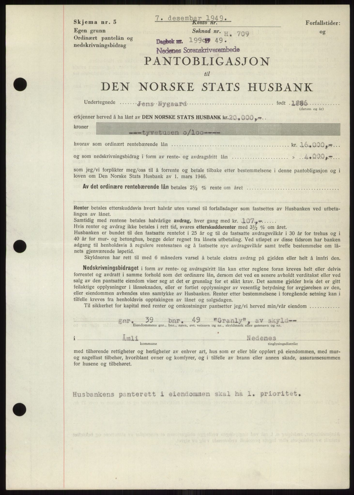 Nedenes sorenskriveri, AV/SAK-1221-0006/G/Gb/Gbb/L0007: Mortgage book no. B7, 1949-1950, Diary no: : 1990/1949