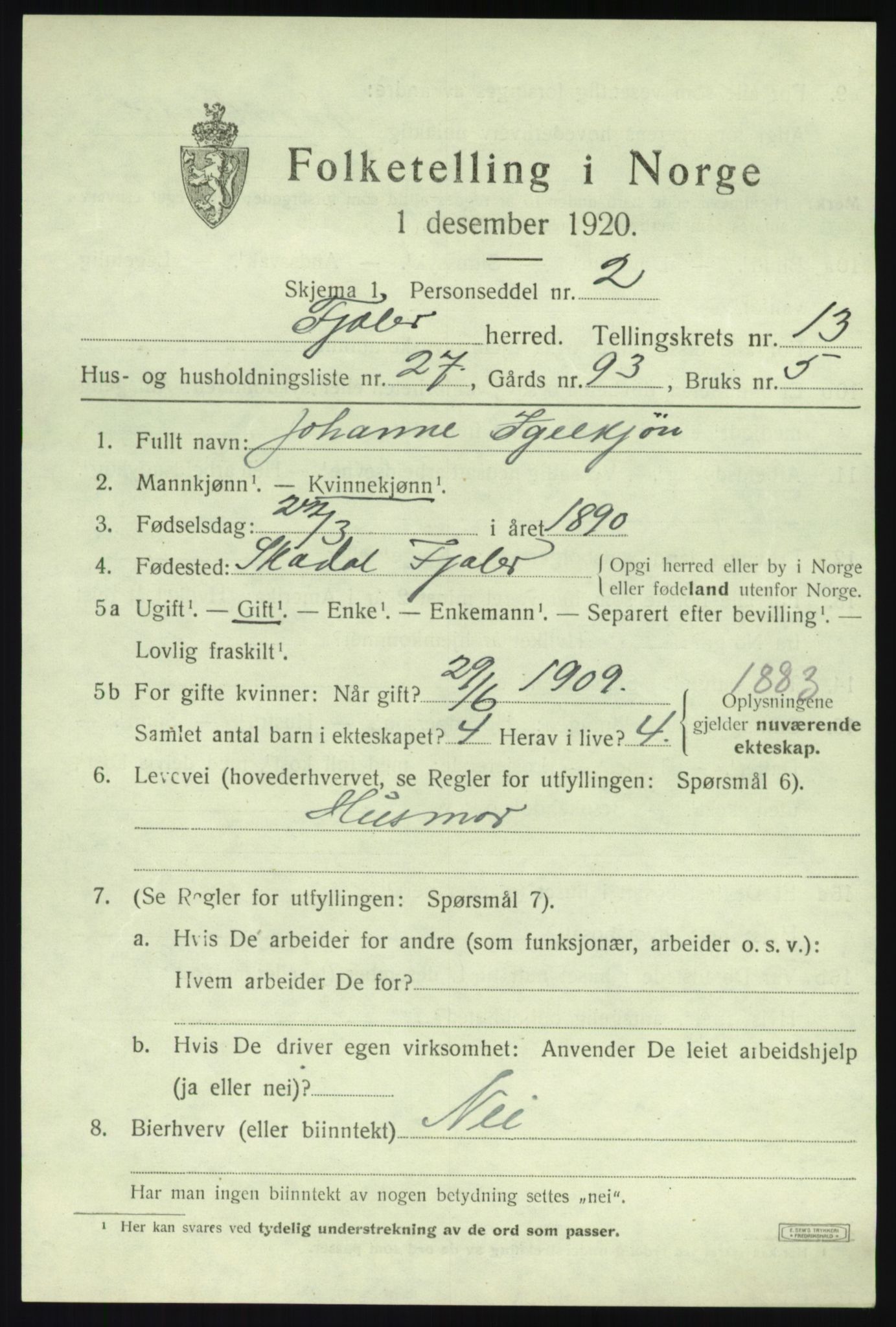 SAB, 1920 census for Fjaler, 1920, p. 7513