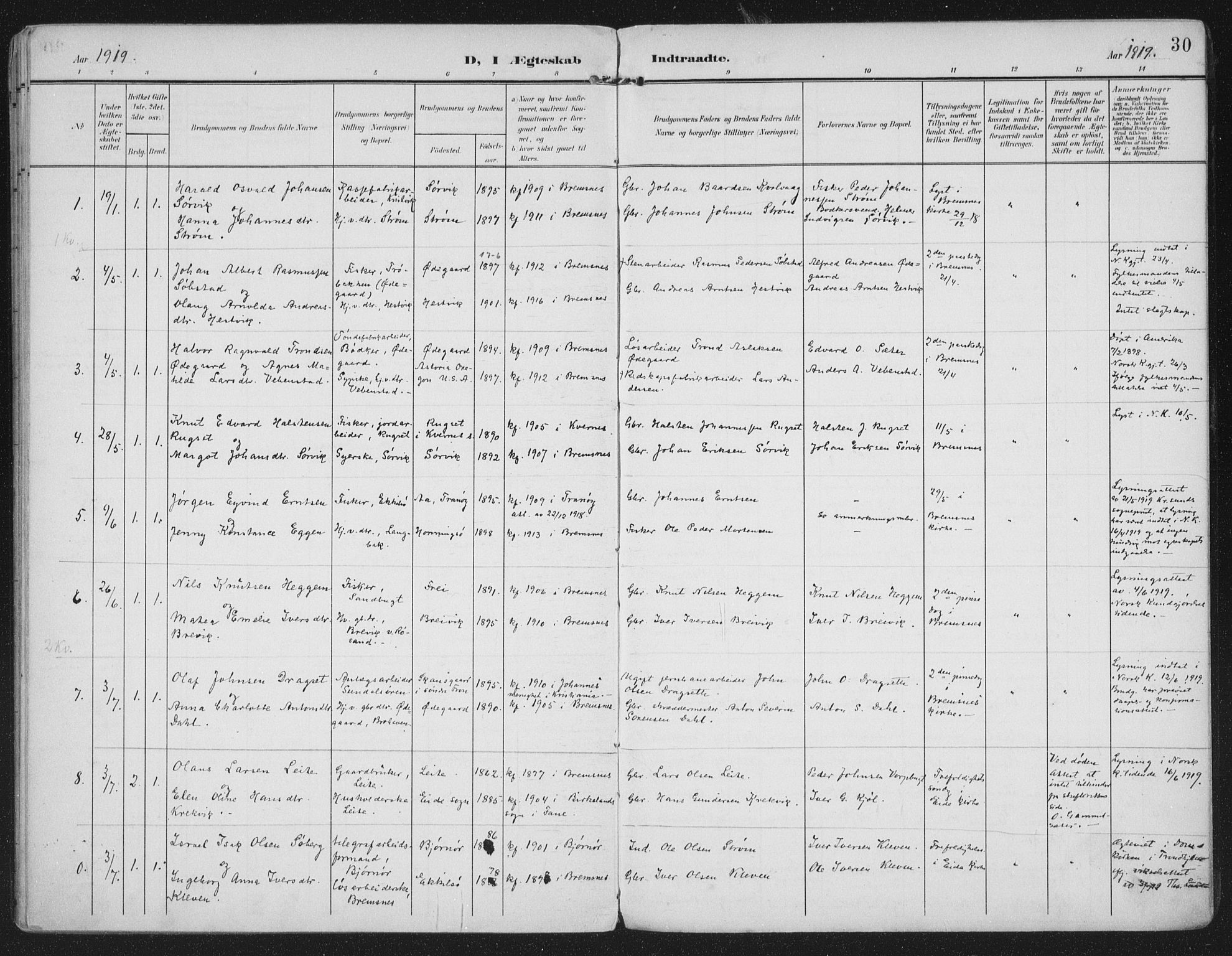 Ministerialprotokoller, klokkerbøker og fødselsregistre - Møre og Romsdal, AV/SAT-A-1454/569/L0822: Parish register (official) no. 569A08, 1908-1919, p. 30