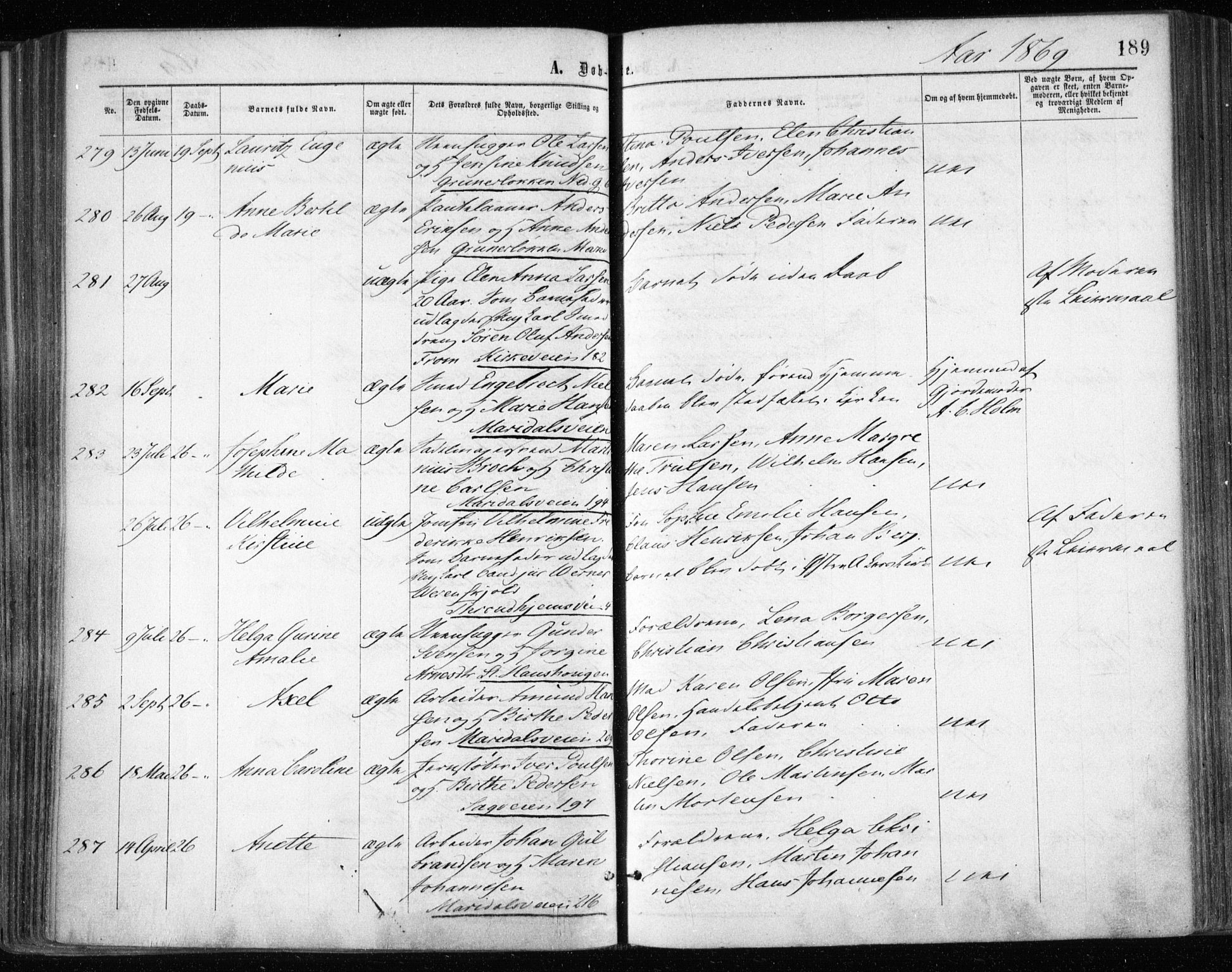 Gamle Aker prestekontor Kirkebøker, AV/SAO-A-10617a/F/L0002: Parish register (official) no. 2, 1864-1872, p. 189