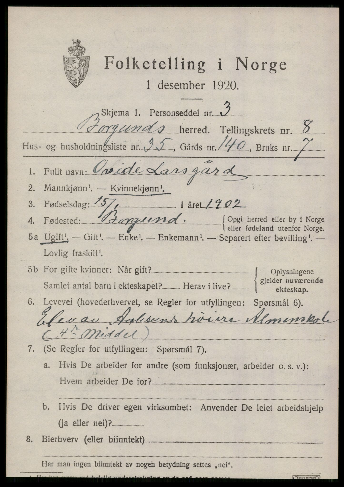 SAT, 1920 census for Borgund, 1920, p. 7986