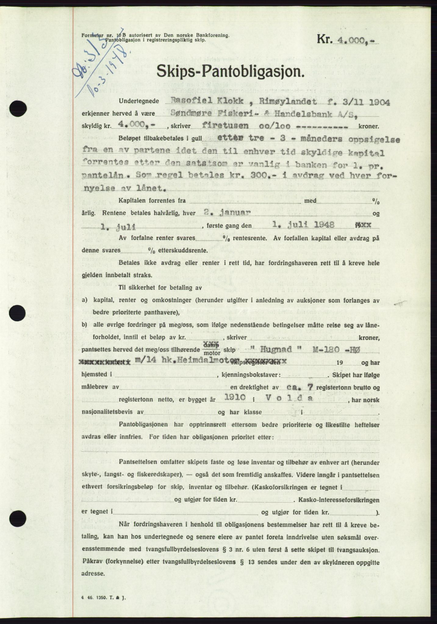 Søre Sunnmøre sorenskriveri, AV/SAT-A-4122/1/2/2C/L0115: Mortgage book no. 3B, 1947-1948, Diary no: : 315/1948