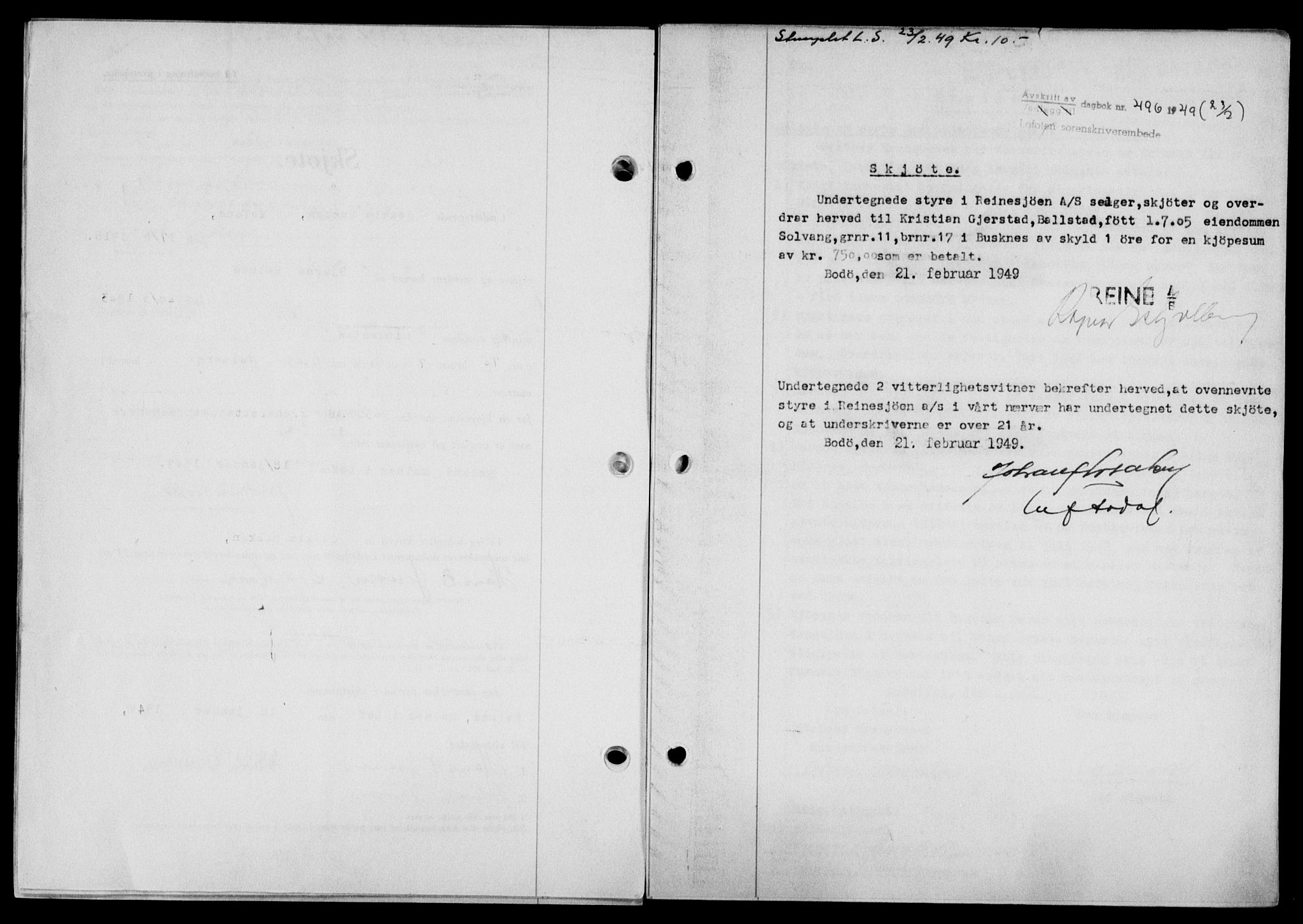 Lofoten sorenskriveri, SAT/A-0017/1/2/2C/L0020a: Mortgage book no. 20a, 1948-1949, Diary no: : 496/1949