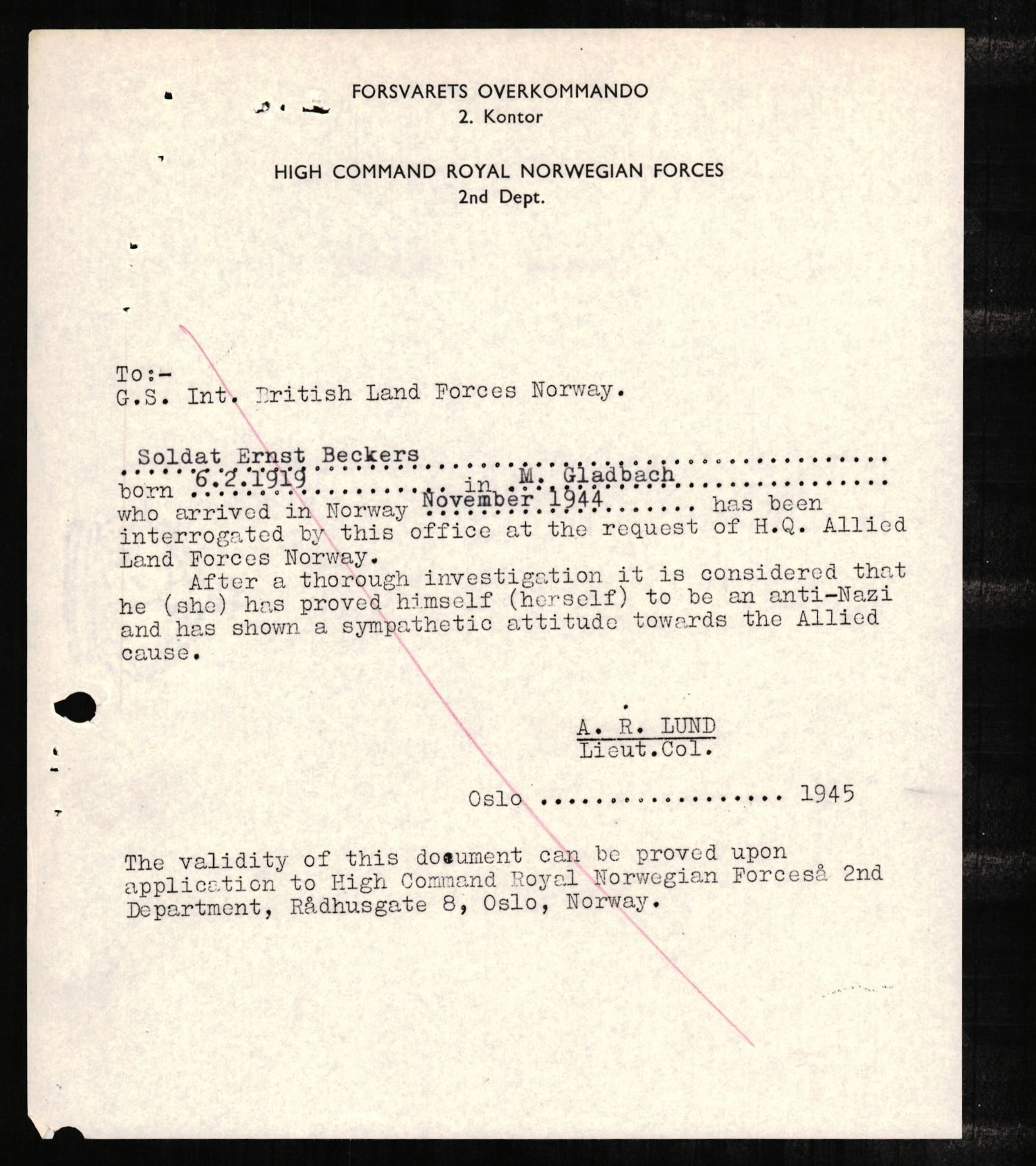 Forsvaret, Forsvarets overkommando II, RA/RAFA-3915/D/Db/L0002: CI Questionaires. Tyske okkupasjonsstyrker i Norge. Tyskere., 1945-1946, p. 371