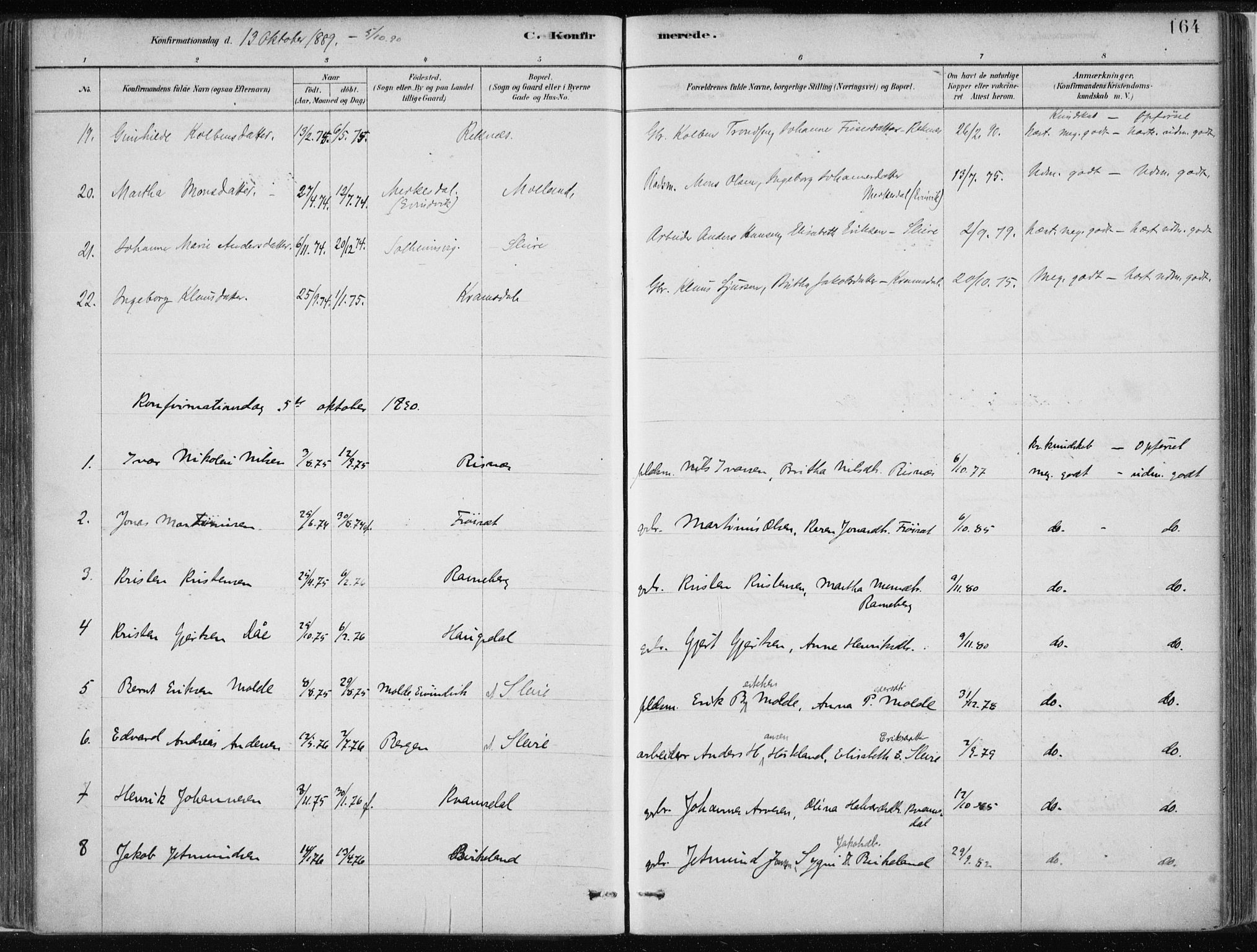 Masfjorden Sokneprestembete, SAB/A-77001: Parish register (official) no. B  1, 1876-1899, p. 164