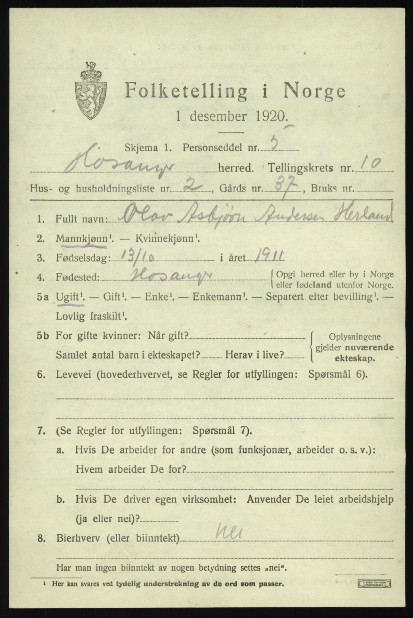 SAB, 1920 census for Hosanger, 1920, p. 4219