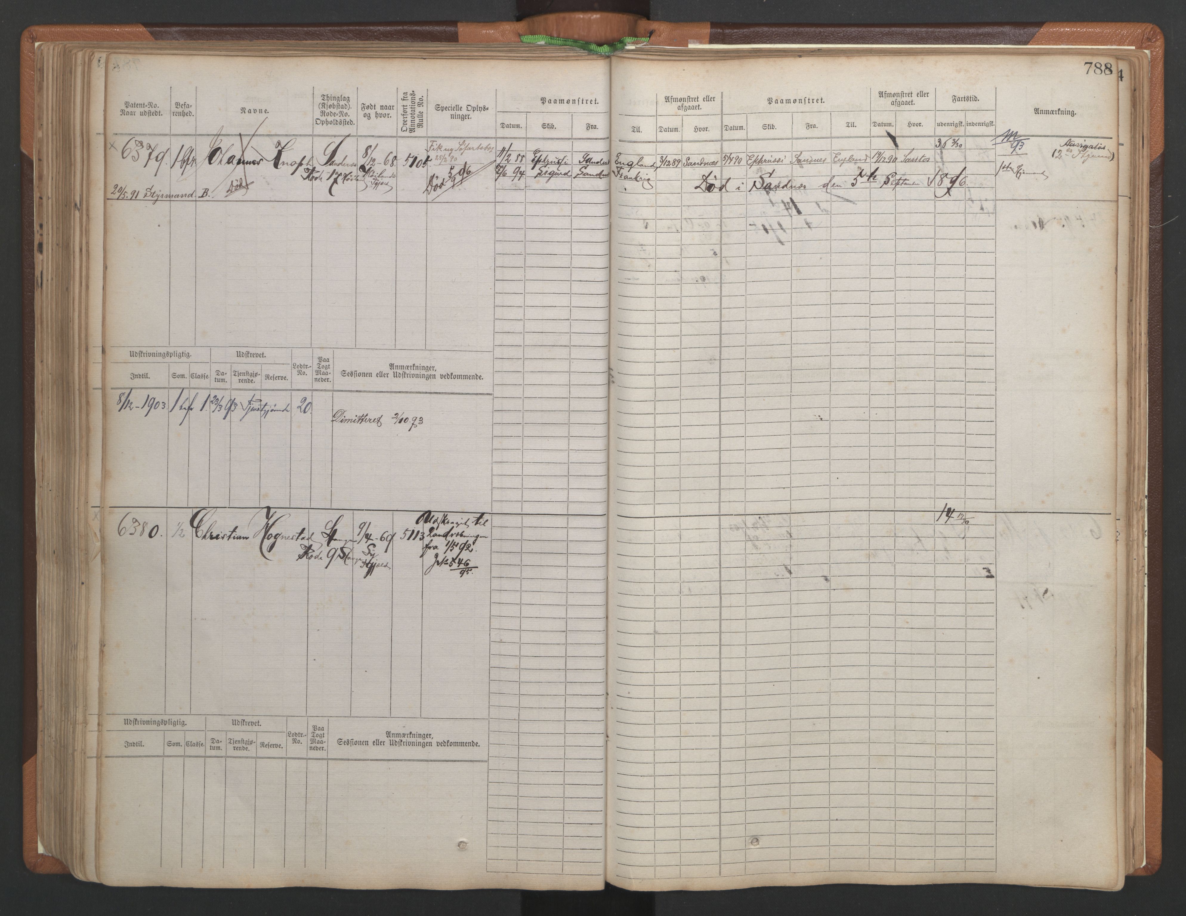 Stavanger sjømannskontor, AV/SAST-A-102006/F/Fb/Fbb/L0010: Sjøfartshovedrulle, patentnr. 6007-6606 (del 1), 1887-1896, p. 192