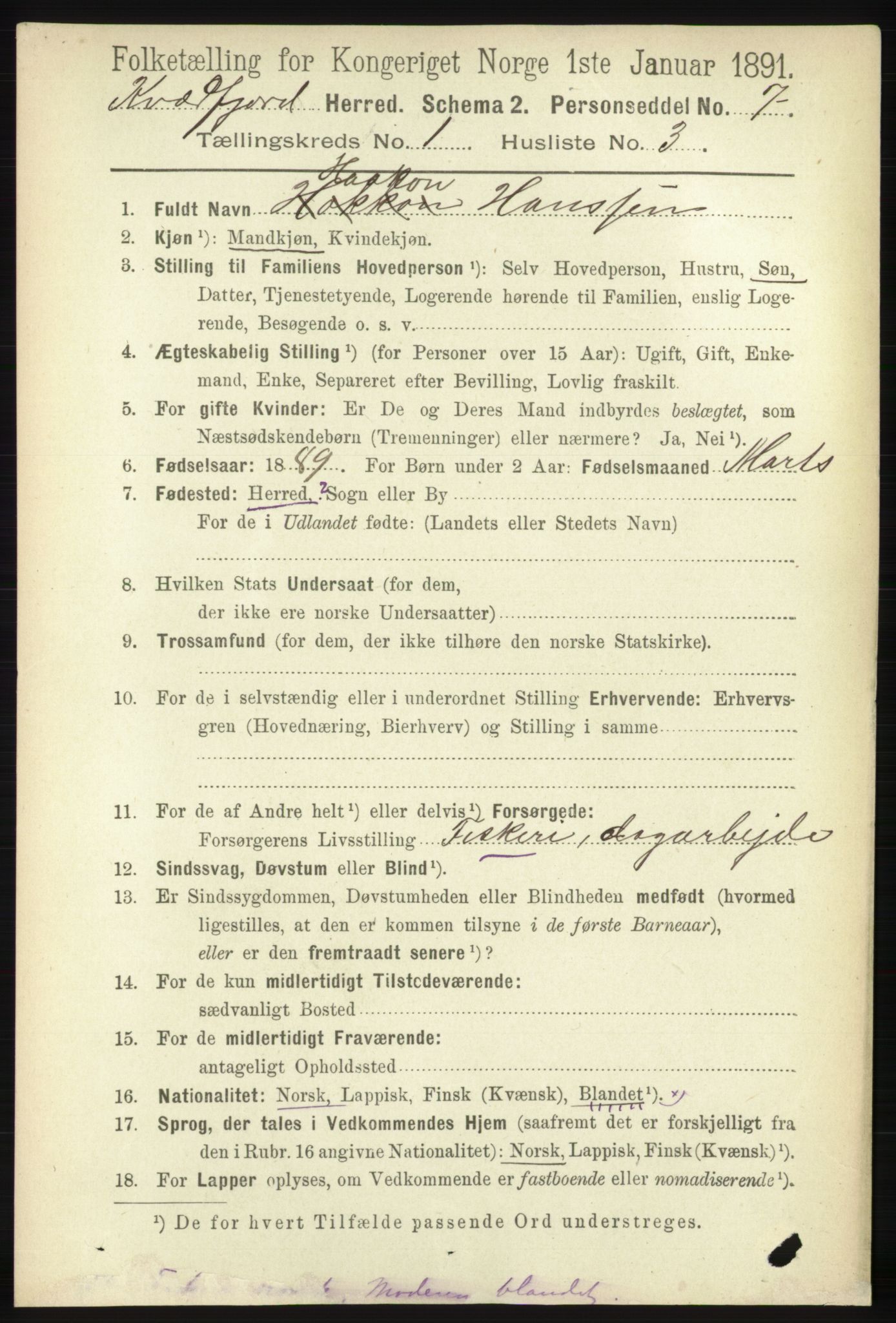 RA, 1891 census for 1911 Kvæfjord, 1891, p. 118