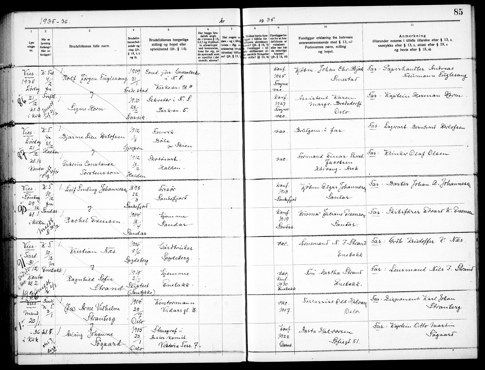 Garnisonsmenigheten Kirkebøker, SAO/A-10846/H/Ha/L0011: Banns register no. I 11, 1932-1936, p. 85