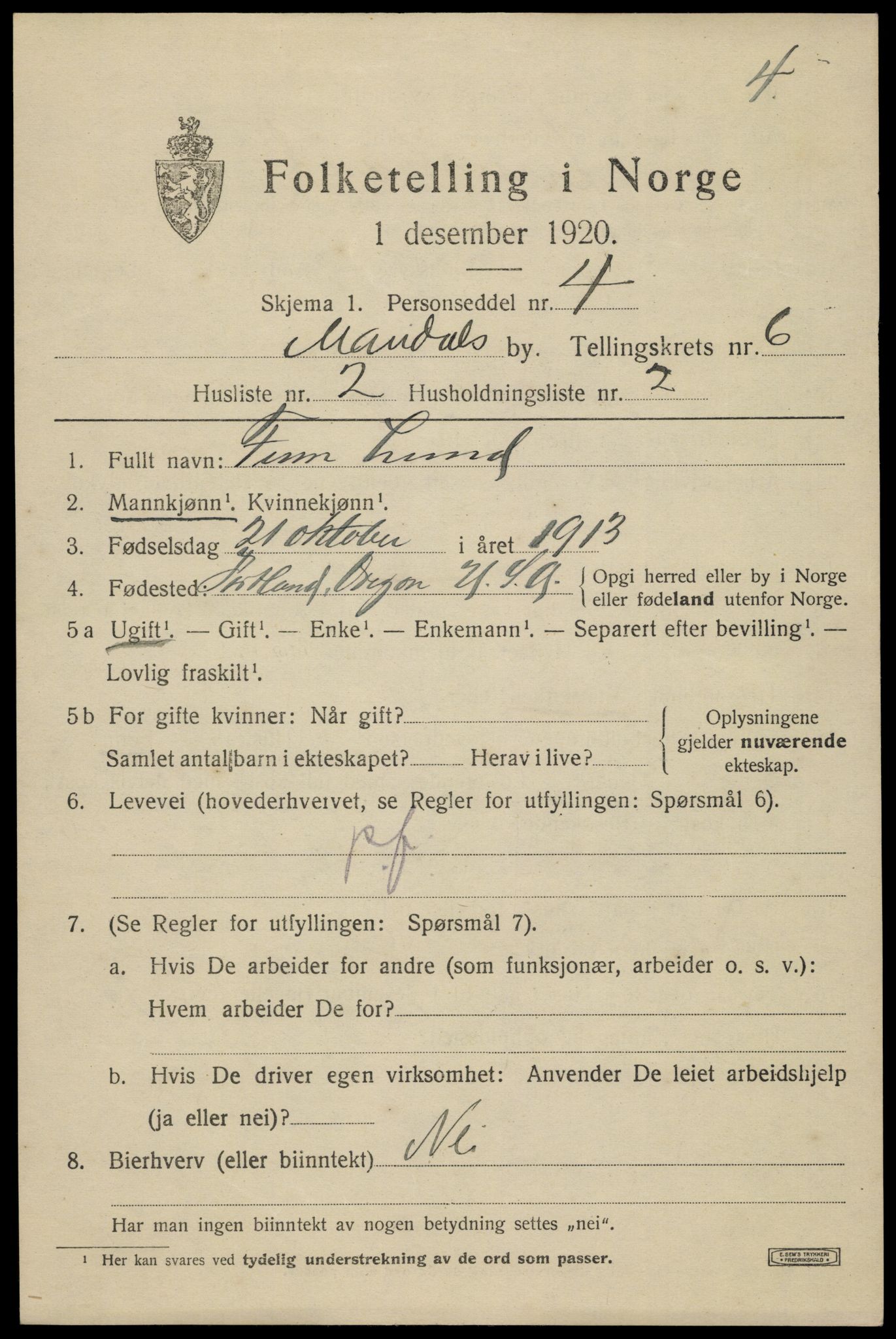 SAK, 1920 census for Mandal, 1920, p. 9129
