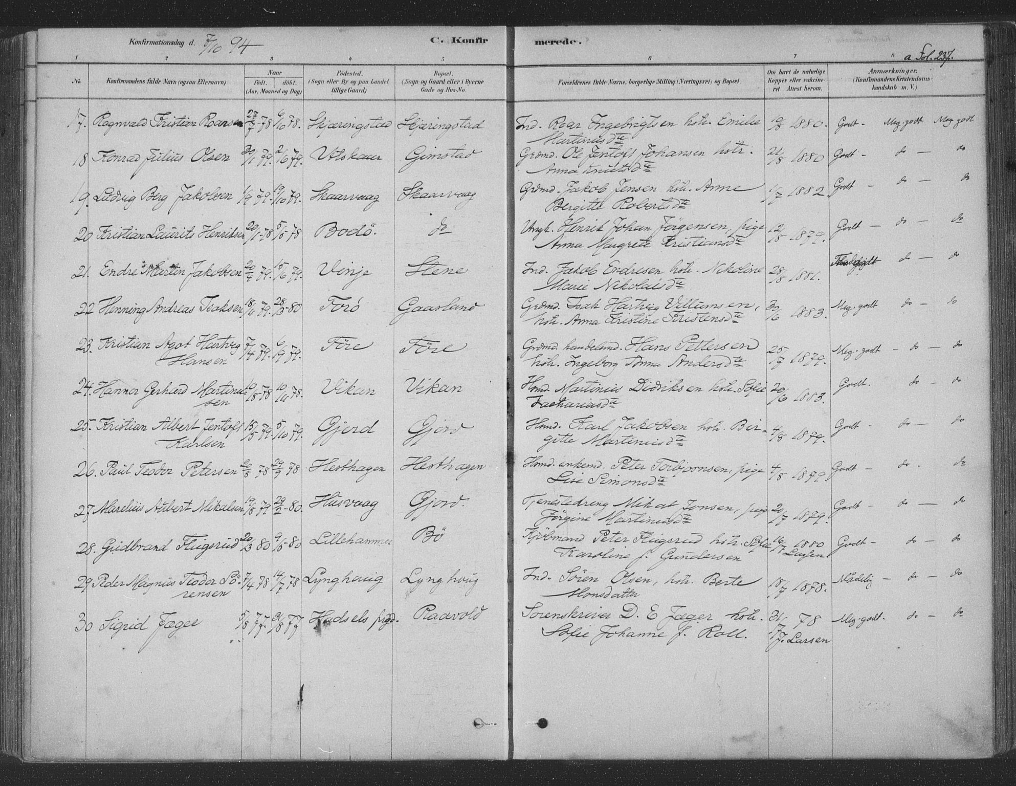 Ministerialprotokoller, klokkerbøker og fødselsregistre - Nordland, AV/SAT-A-1459/891/L1302: Parish register (official) no. 891A07, 1878-1895, p. 237