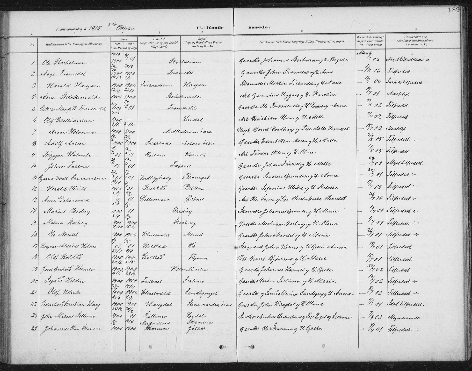Ministerialprotokoller, klokkerbøker og fødselsregistre - Nord-Trøndelag, SAT/A-1458/724/L0269: Parish register (copy) no. 724C05, 1899-1920, p. 189