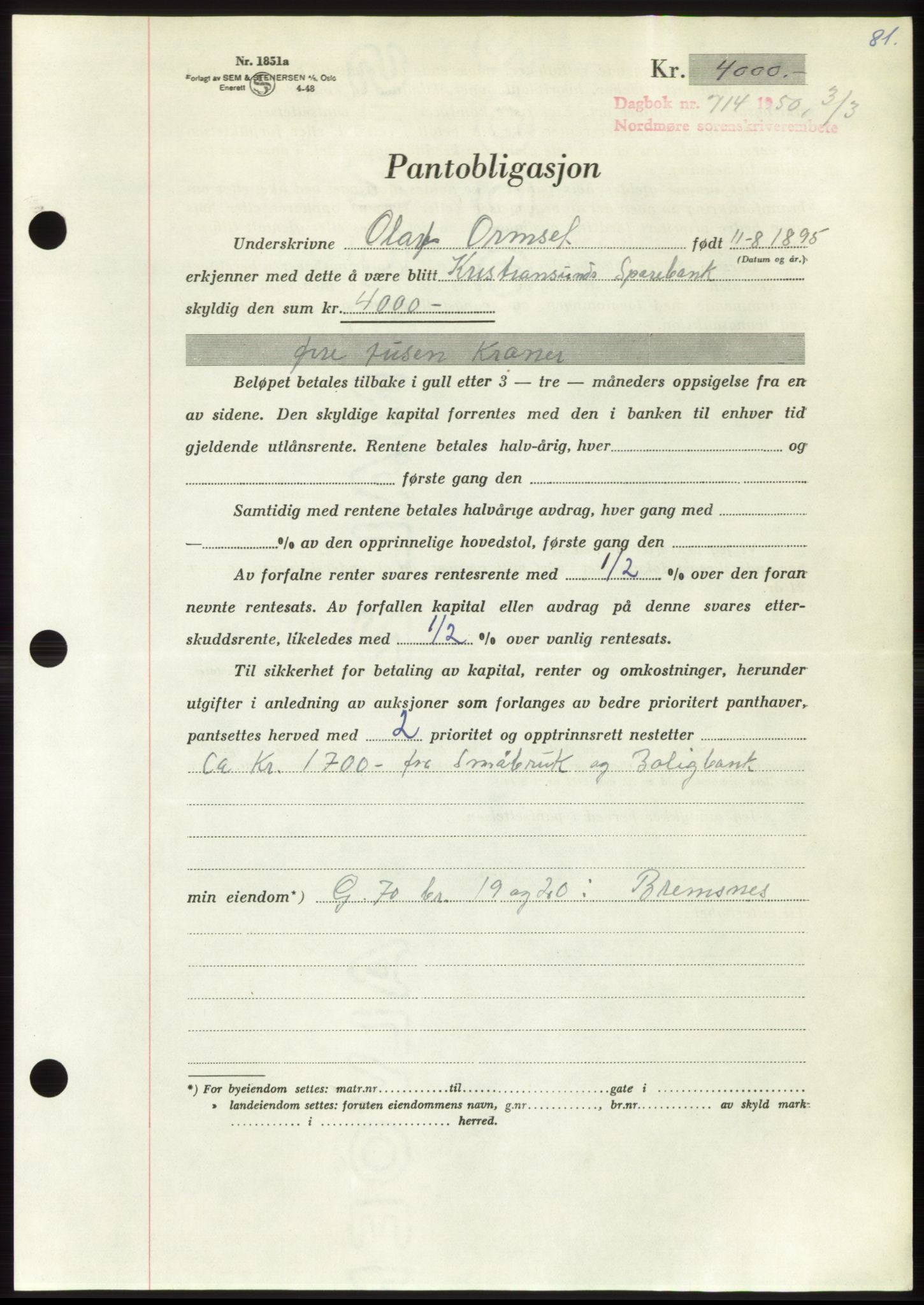 Nordmøre sorenskriveri, AV/SAT-A-4132/1/2/2Ca: Mortgage book no. B104, 1950-1950, Diary no: : 714/1950