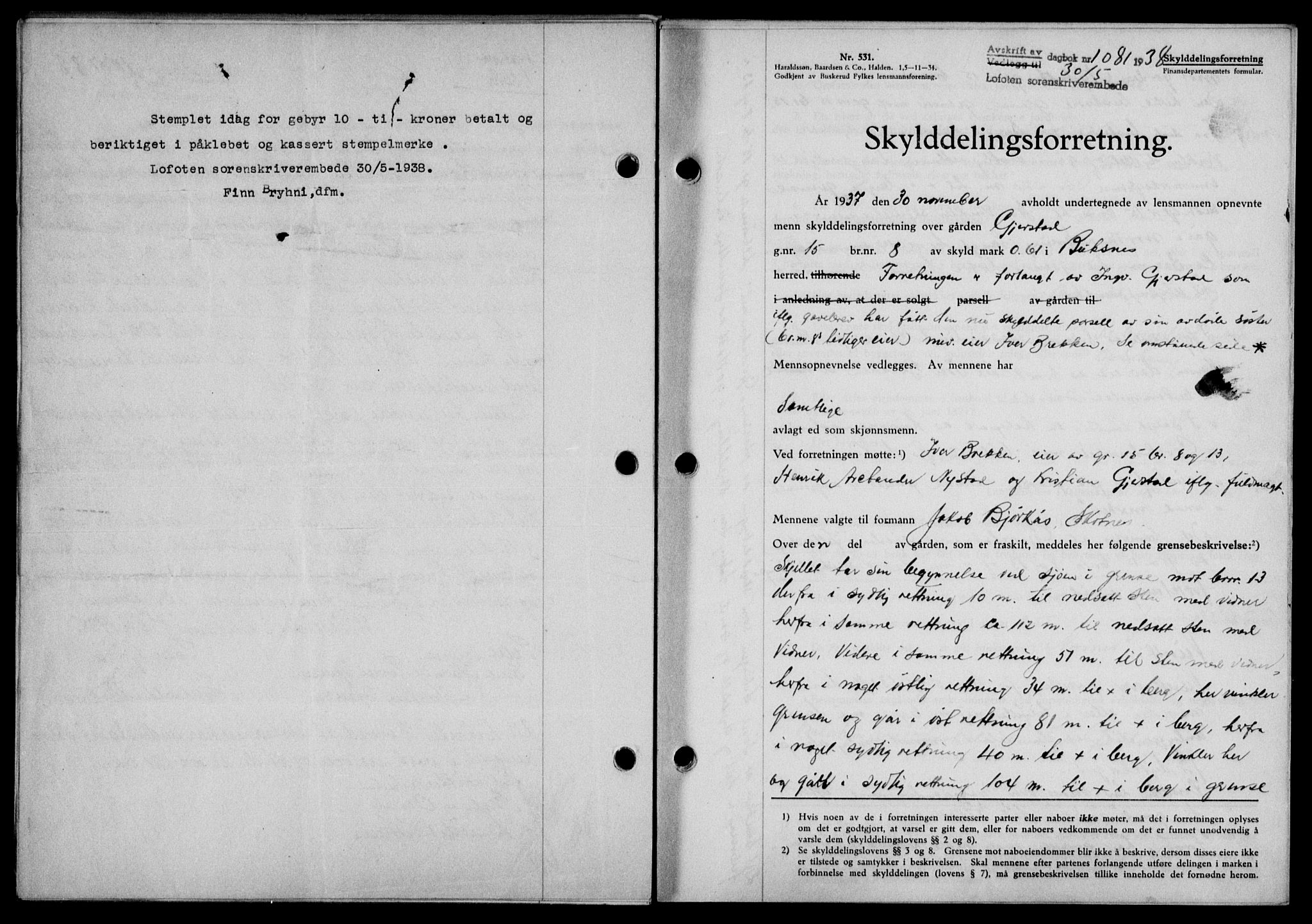 Lofoten sorenskriveri, SAT/A-0017/1/2/2C/L0004a: Mortgage book no. 4a, 1938-1938, Diary no: : 1081/1938