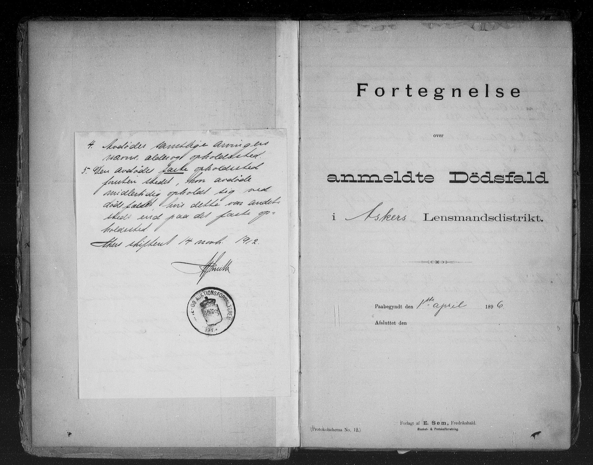 Asker lensmannskontor, AV/SAO-A-10244/H/Ha/Haa/L0001: Dødsanmeldelsesprotokoll, 1896-1920