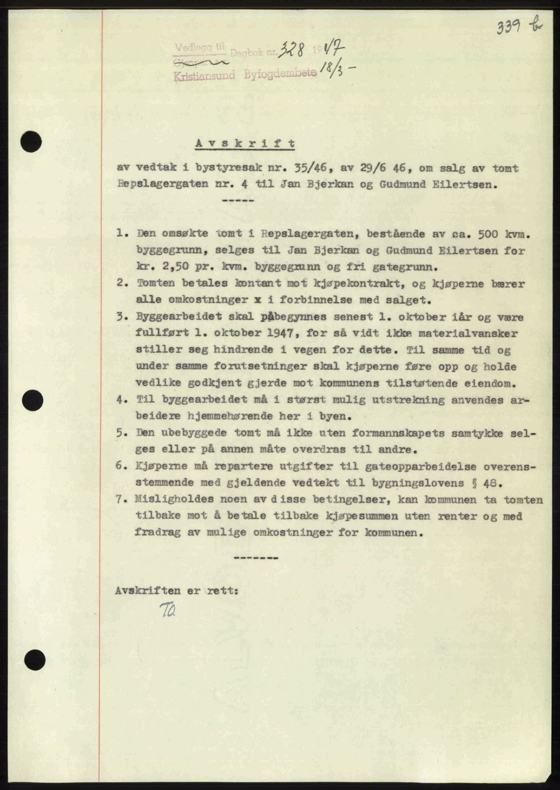 Kristiansund byfogd, AV/SAT-A-4587/A/27: Mortgage book no. 39b, 1946-1947, Diary no: : 328/1947