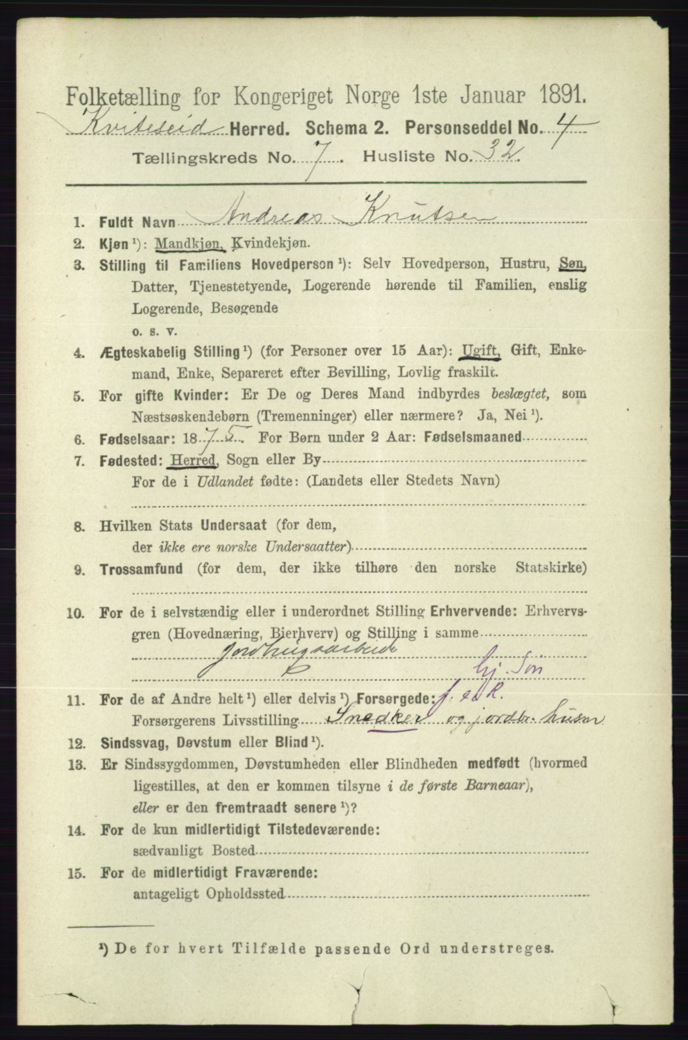 RA, 1891 census for 0829 Kviteseid, 1891, p. 1541