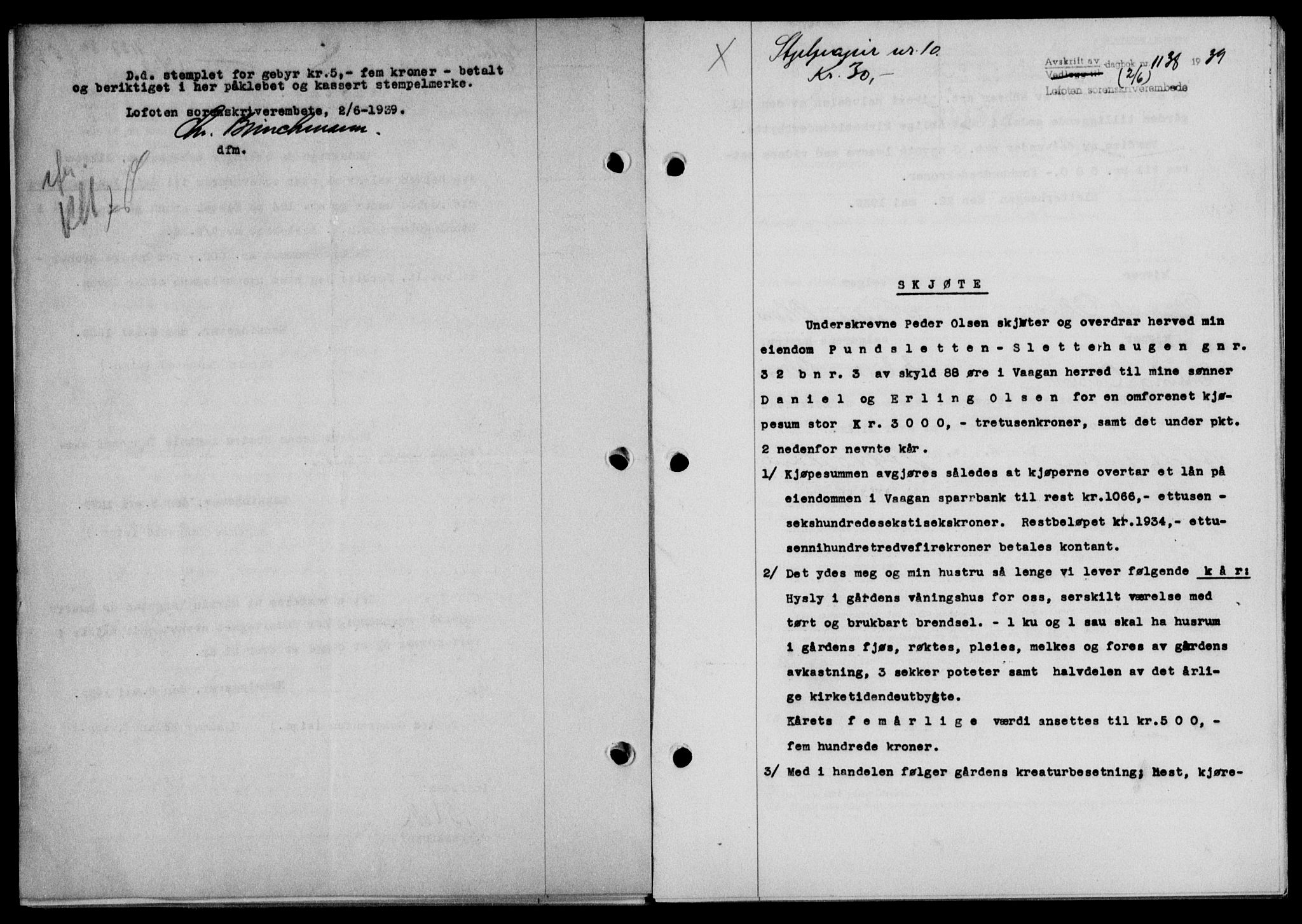 Lofoten sorenskriveri, SAT/A-0017/1/2/2C/L0005a: Mortgage book no. 5a, 1939-1939, Diary no: : 1138/1939