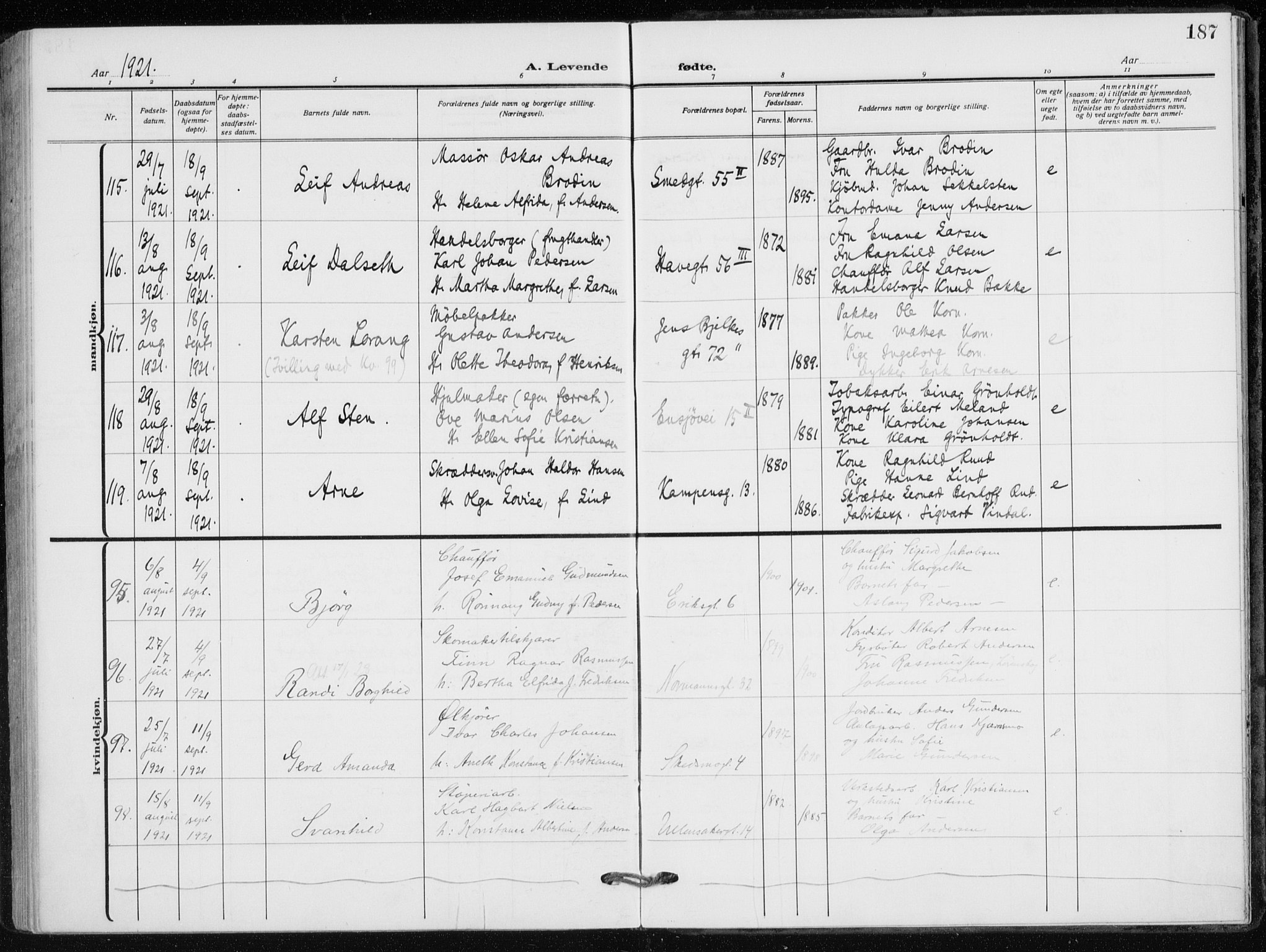 Kampen prestekontor Kirkebøker, AV/SAO-A-10853/F/Fa/L0012: Parish register (official) no. I 12, 1916-1921, p. 187