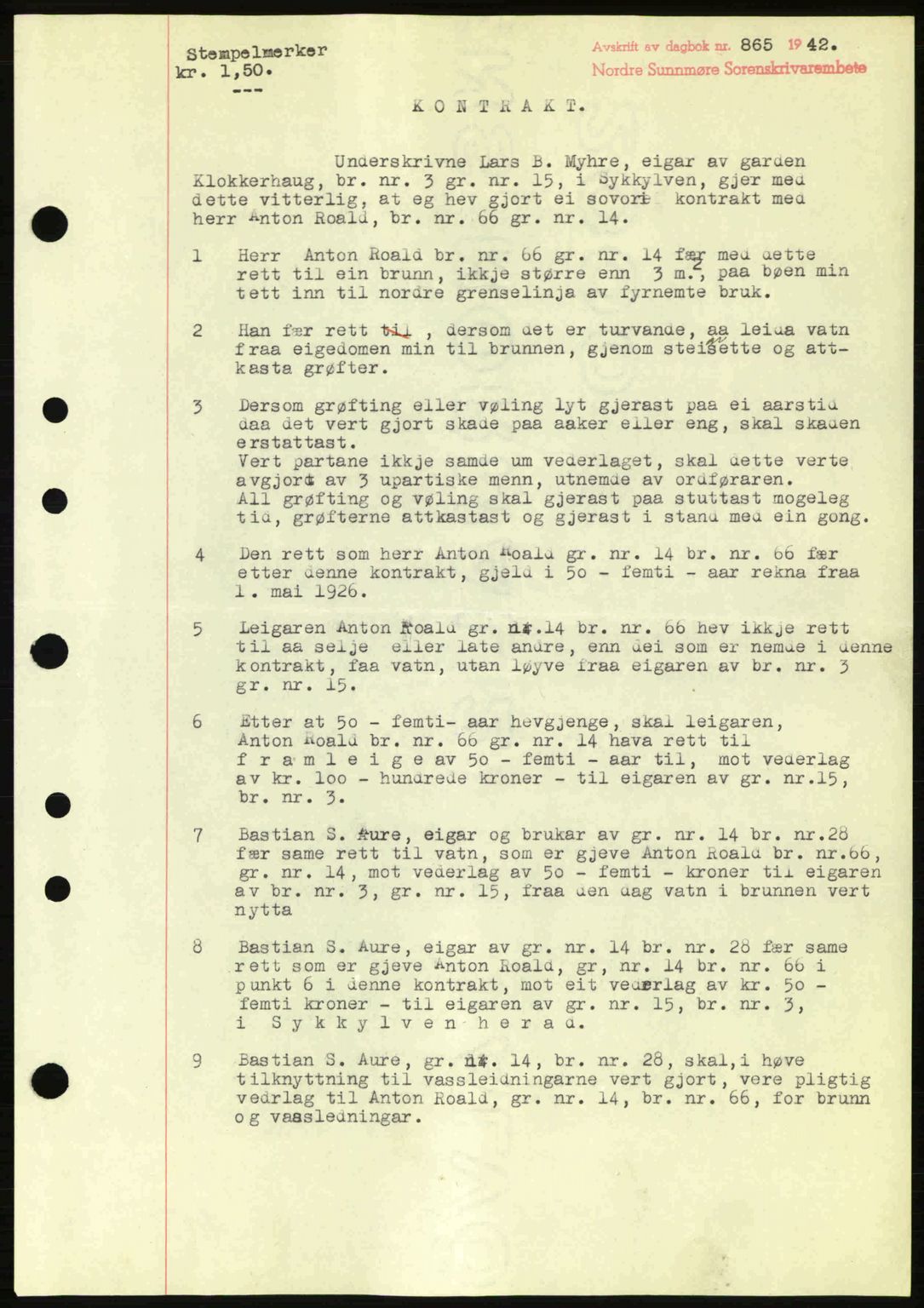 Nordre Sunnmøre sorenskriveri, AV/SAT-A-0006/1/2/2C/2Ca: Mortgage book no. A13, 1942-1942, Diary no: : 865/1942