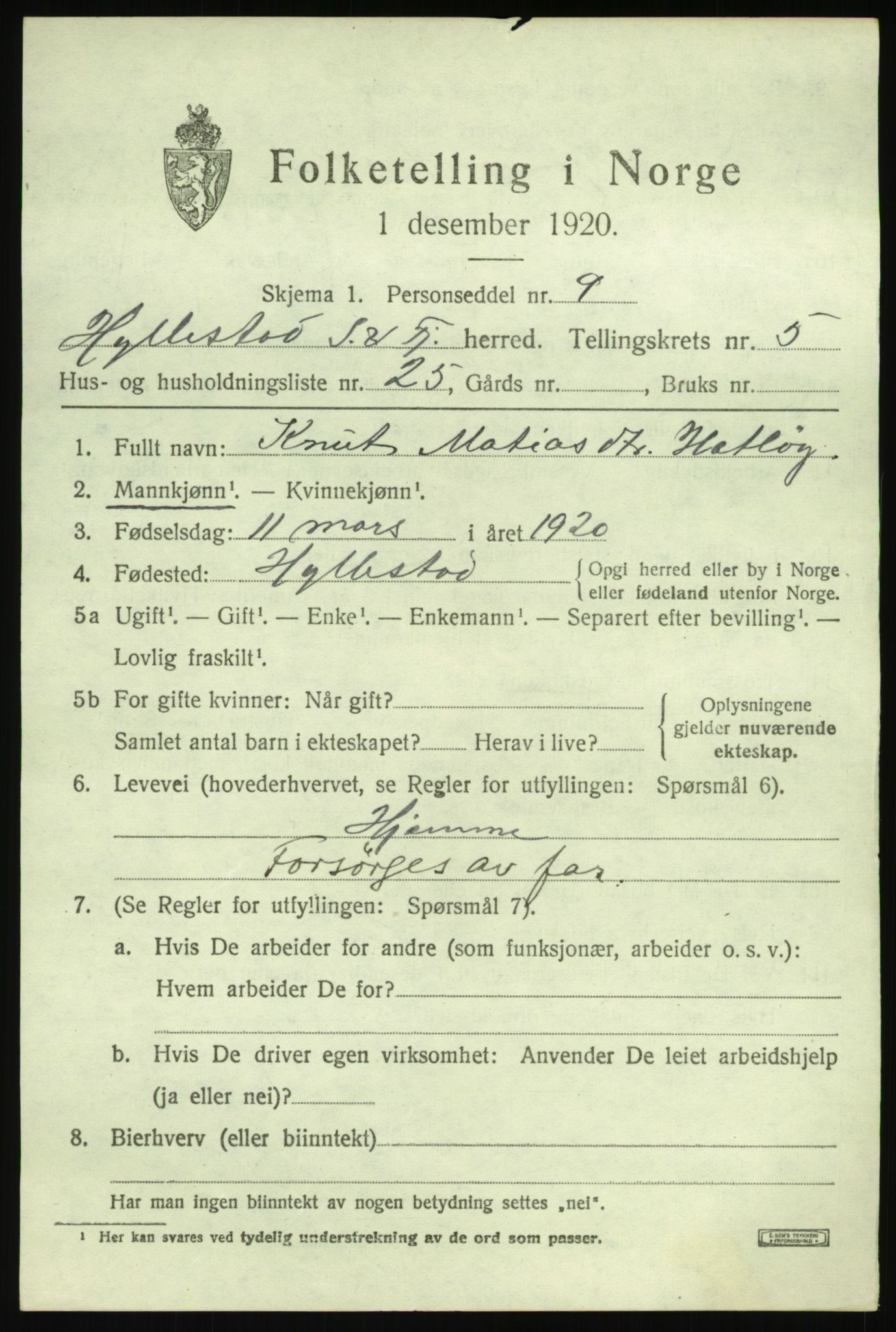 SAB, 1920 census for Hyllestad, 1920, p. 2668