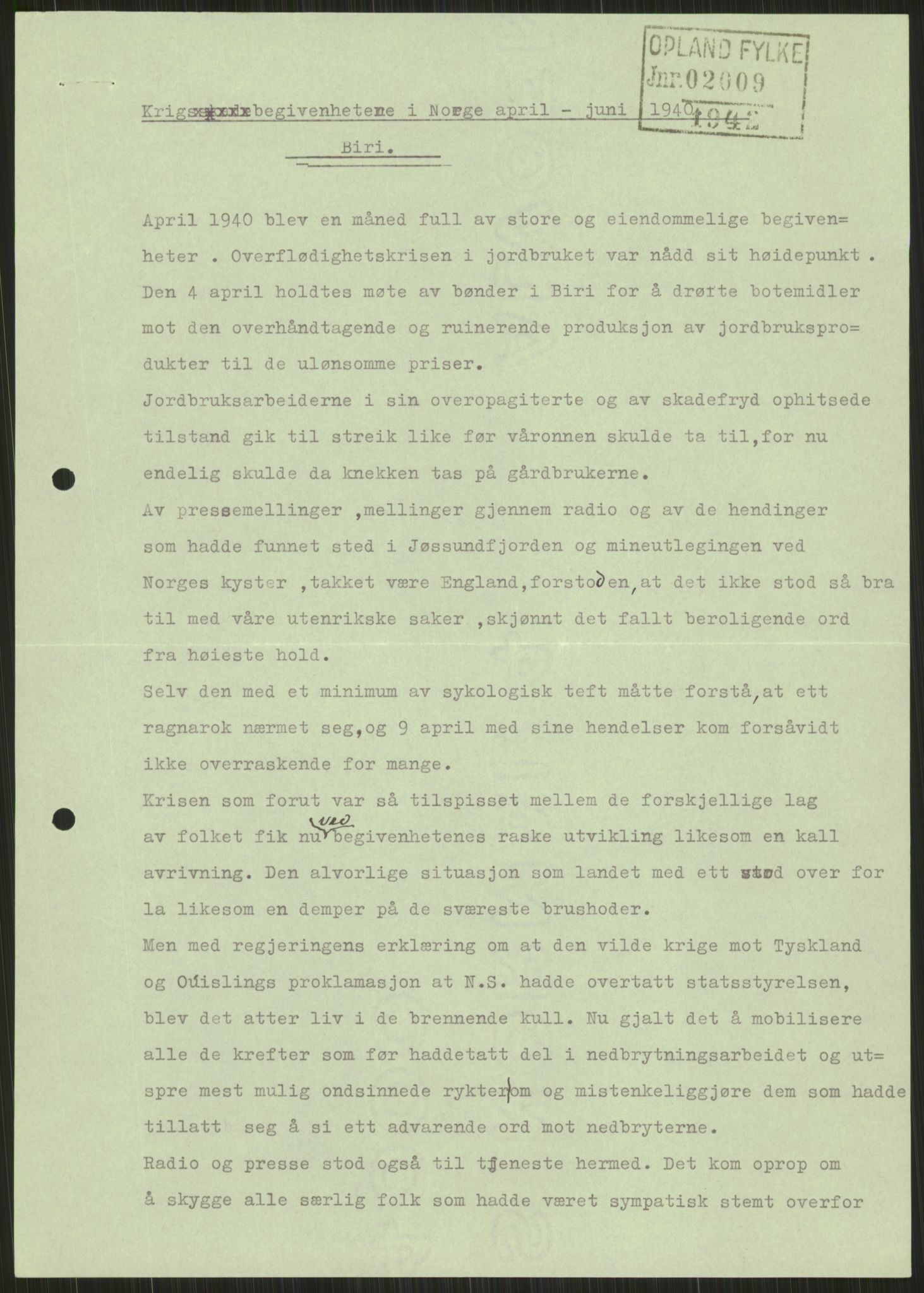 Forsvaret, Forsvarets krigshistoriske avdeling, RA/RAFA-2017/Y/Ya/L0014: II-C-11-31 - Fylkesmenn.  Rapporter om krigsbegivenhetene 1940., 1940, p. 267