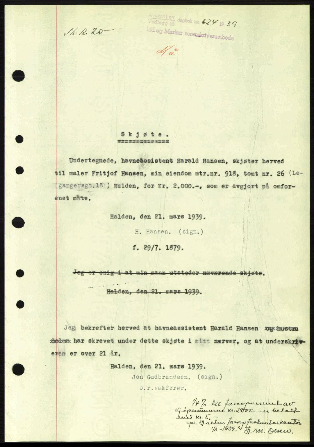 Idd og Marker sorenskriveri, AV/SAO-A-10283/G/Gb/Gbb/L0003: Mortgage book no. A3, 1938-1939, Diary no: : 624/1939