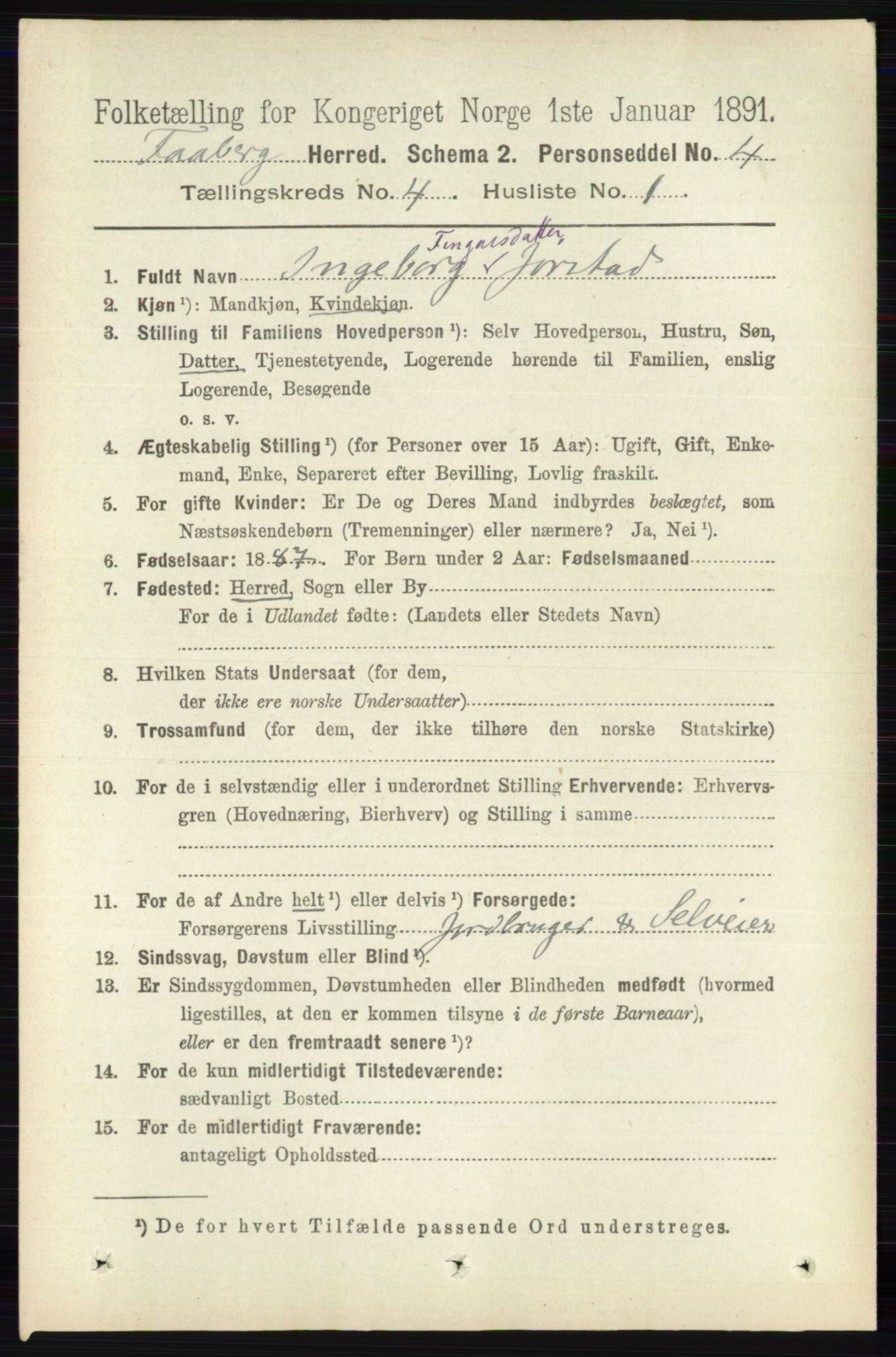 RA, 1891 census for 0524 Fåberg, 1891, p. 1226