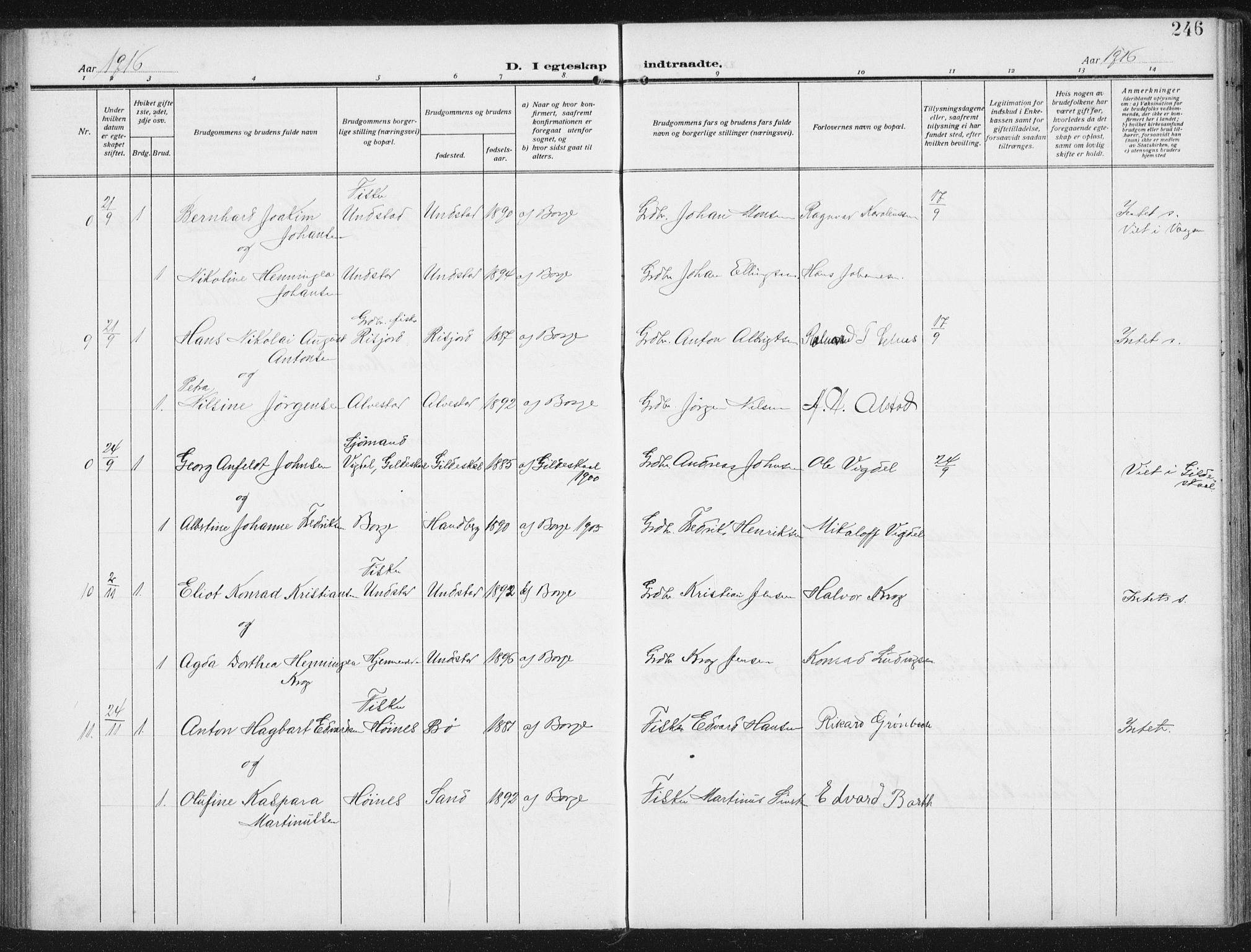 Ministerialprotokoller, klokkerbøker og fødselsregistre - Nordland, AV/SAT-A-1459/880/L1135: Parish register (official) no. 880A09, 1908-1919, p. 246