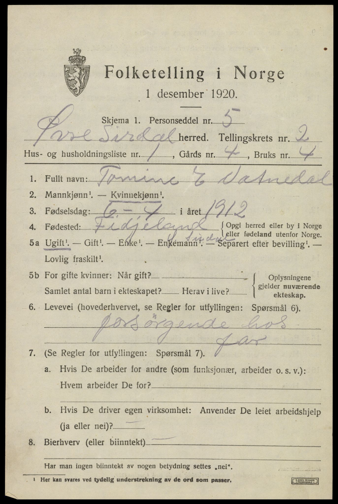 SAK, 1920 census for Øvre Sirdal, 1920, p. 433