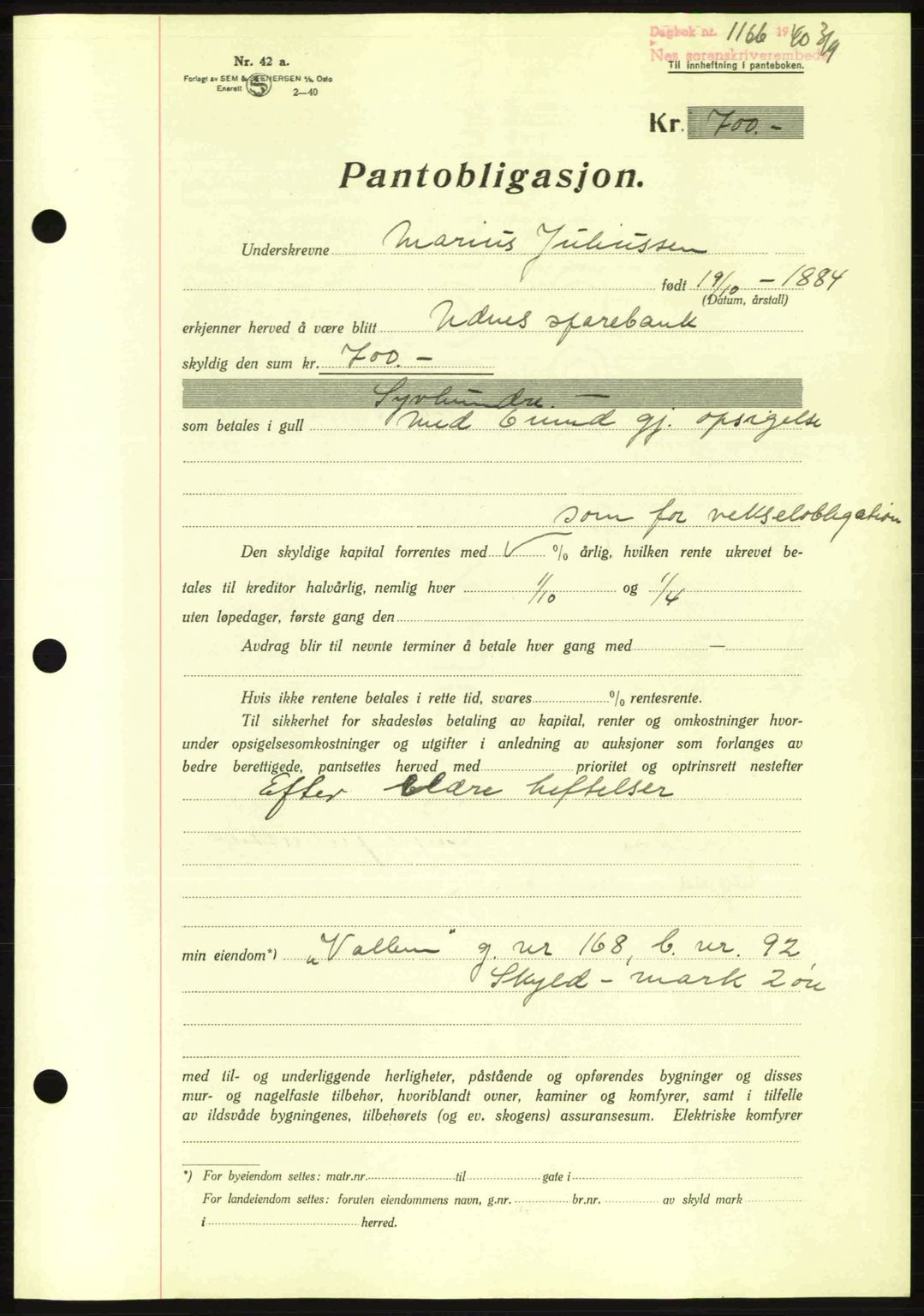 Nes tingrett, SAO/A-10548/G/Gb/Gbb/L0010: Mortgage book no. 54, 1939-1940, Diary no: : 1166/1940