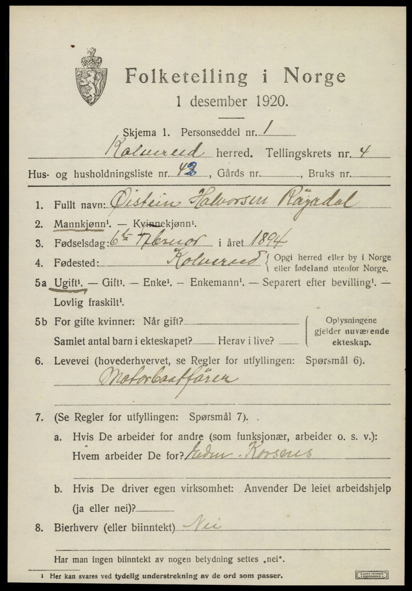 SAT, 1920 census for Kolvereid, 1920, p. 3119