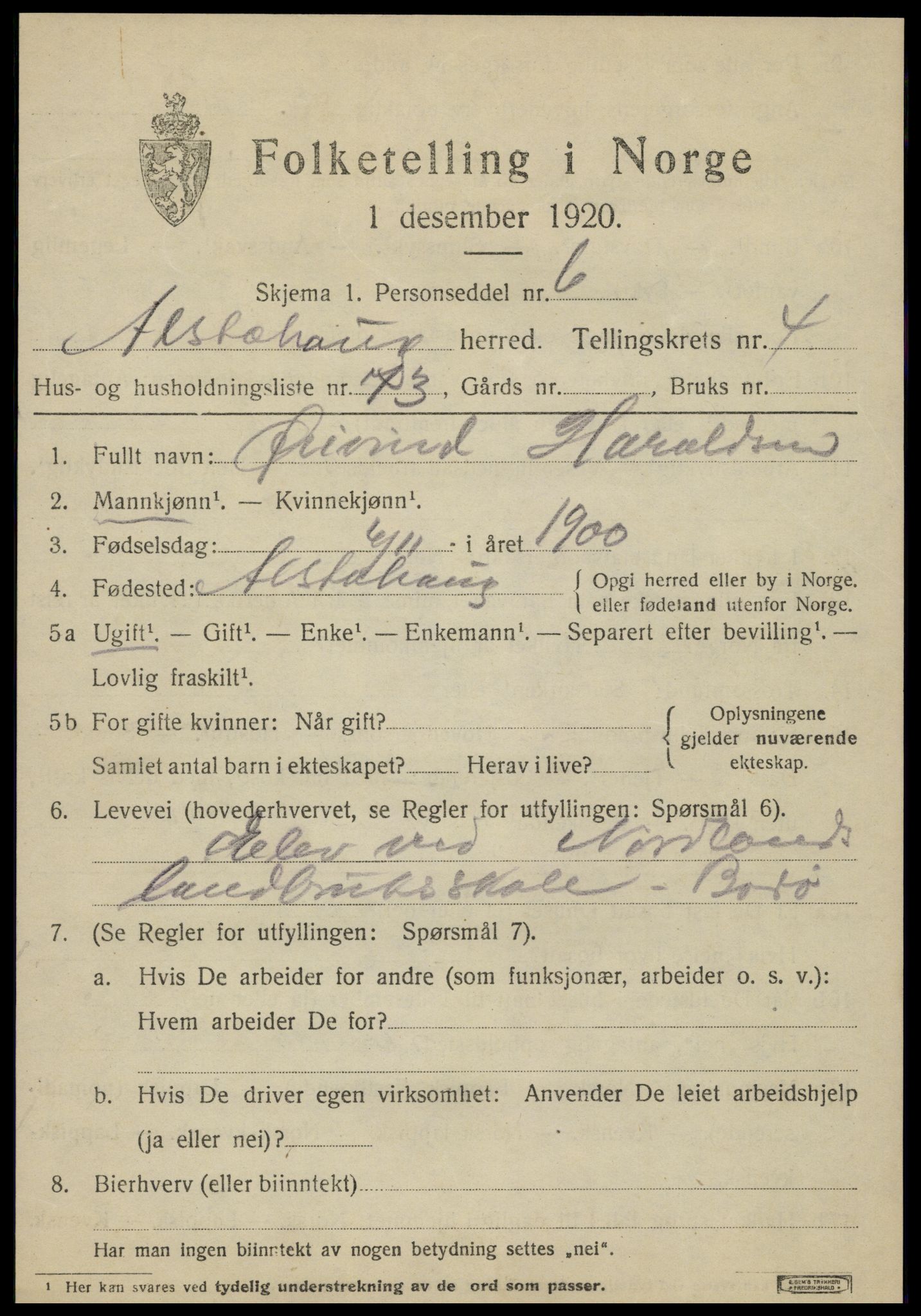 SAT, 1920 census for Alstahaug, 1920, p. 2839