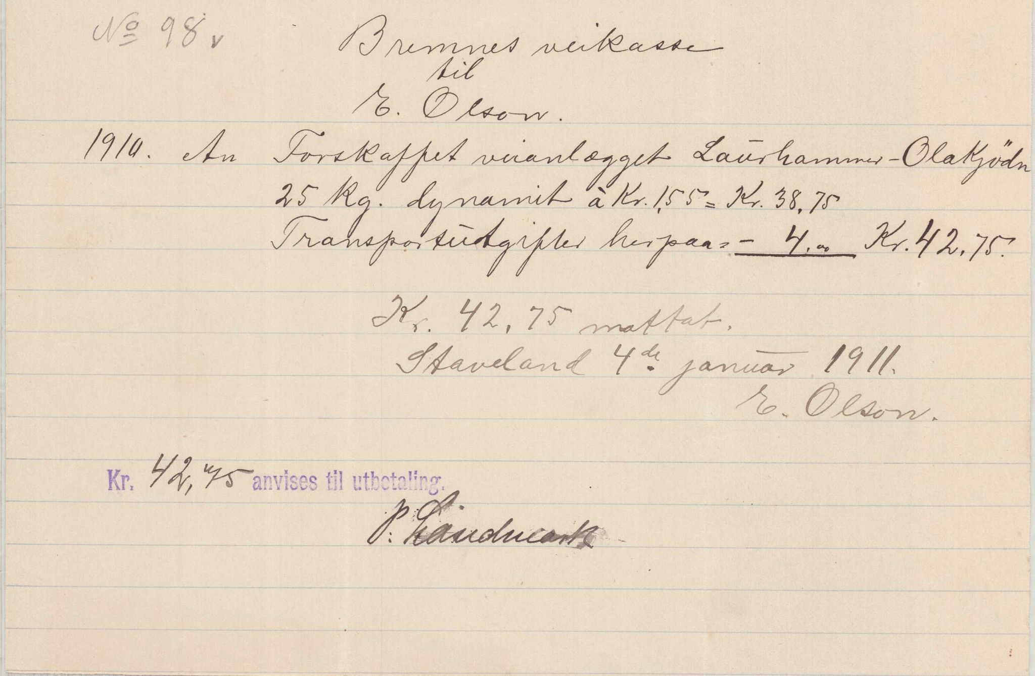 Finnaas kommune. Formannskapet, IKAH/1218a-021/E/Ea/L0001/0003: Rekneskap for veganlegg / Rekneskap for veganlegget Laurhammer - Olakjødn, 1909-1911, p. 66