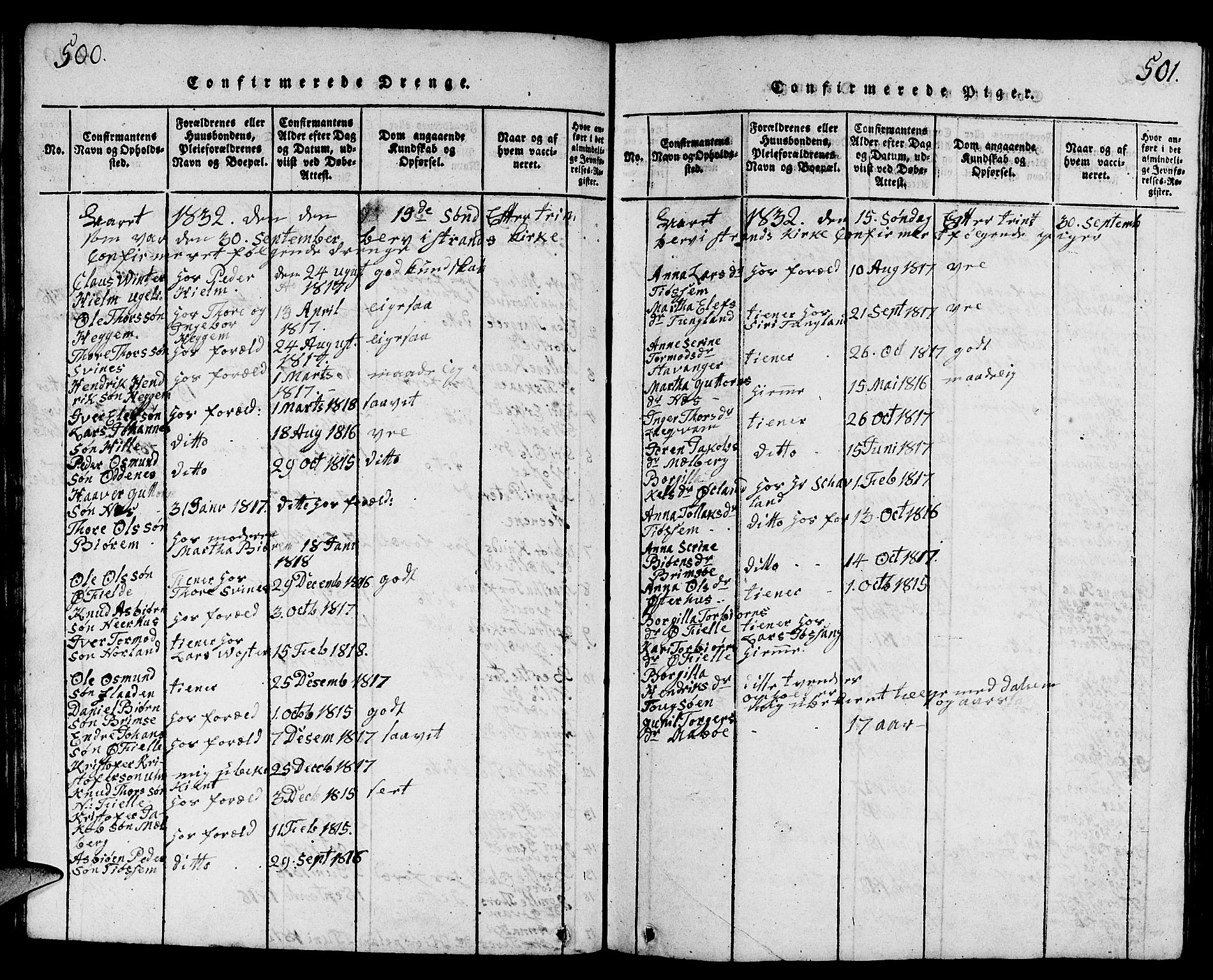 Strand sokneprestkontor, SAST/A-101828/H/Ha/Hab/L0001: Parish register (copy) no. B 1, 1816-1854, p. 500-501
