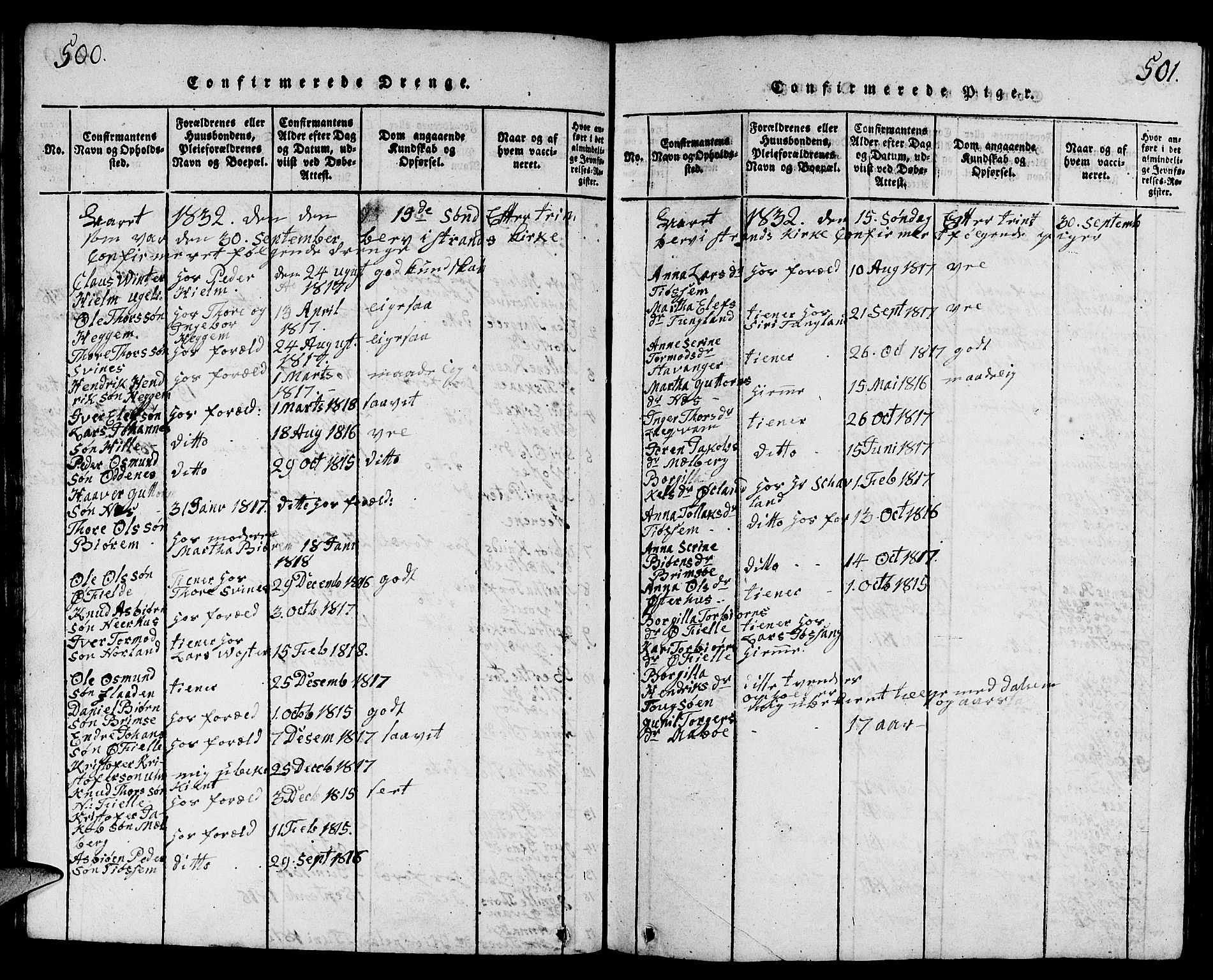 Strand sokneprestkontor, AV/SAST-A-101828/H/Ha/Hab/L0001: Parish register (copy) no. B 1, 1816-1854, p. 500-501