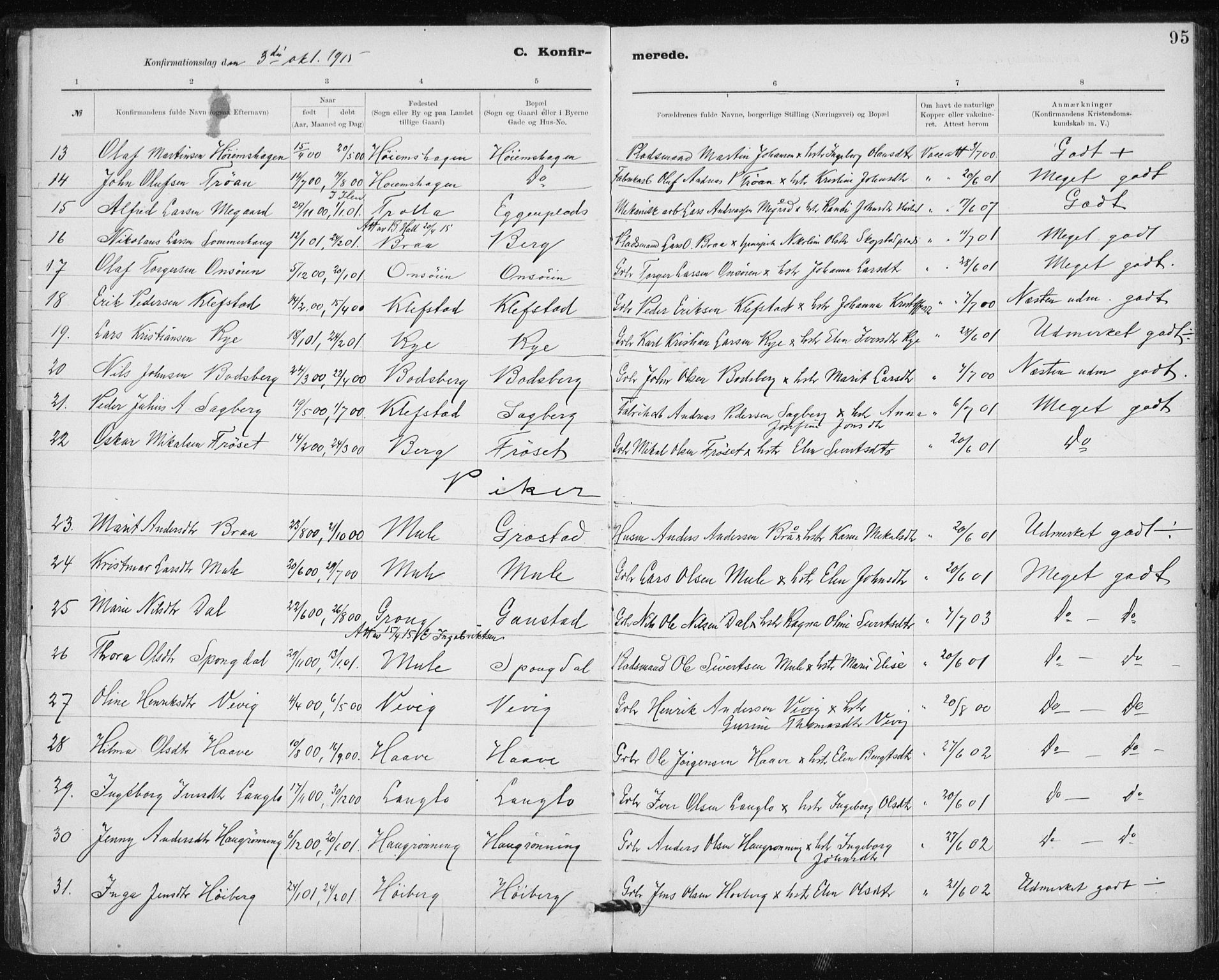 Ministerialprotokoller, klokkerbøker og fødselsregistre - Sør-Trøndelag, SAT/A-1456/612/L0381: Parish register (official) no. 612A13, 1907-1923, p. 95