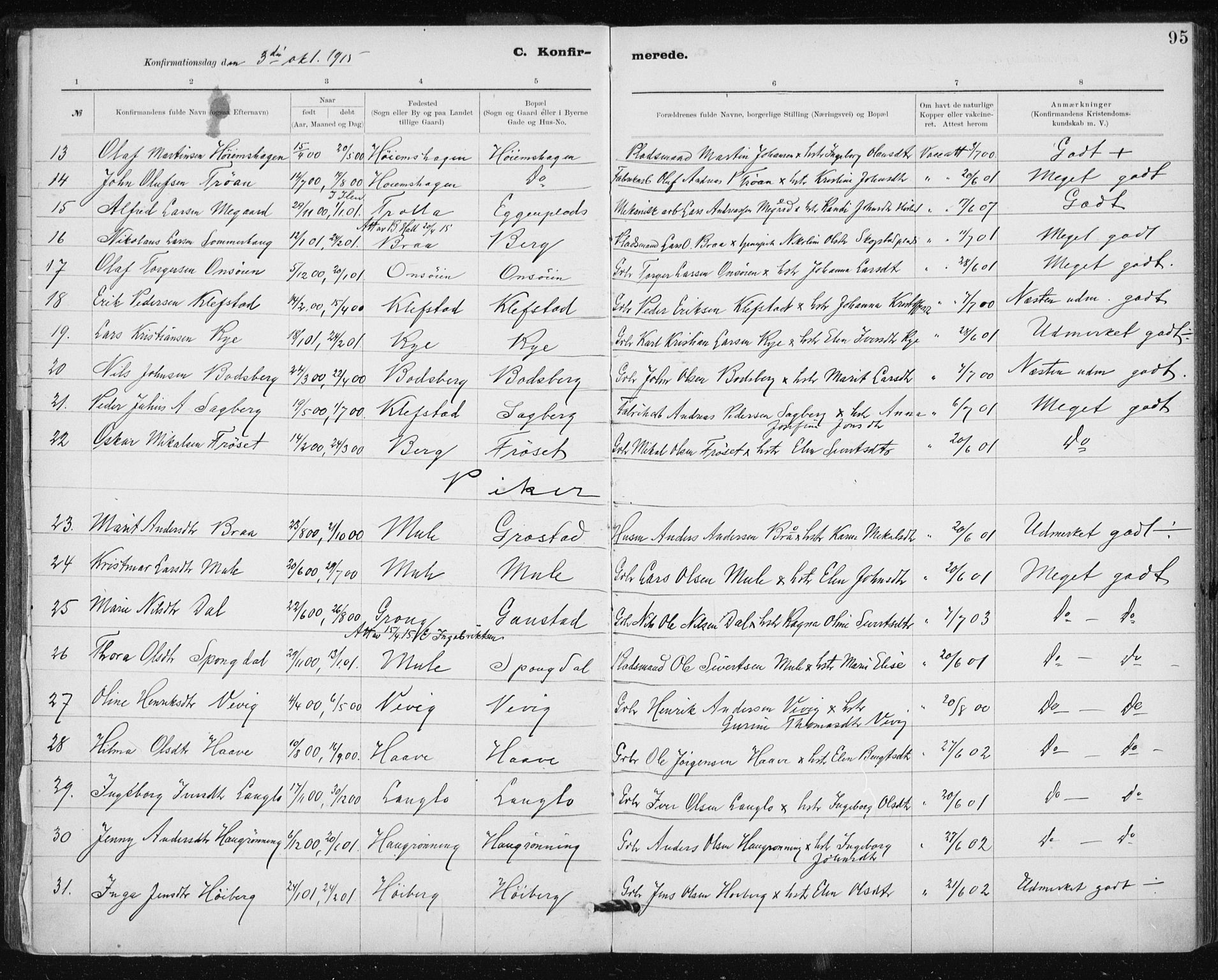 Ministerialprotokoller, klokkerbøker og fødselsregistre - Sør-Trøndelag, AV/SAT-A-1456/612/L0381: Parish register (official) no. 612A13, 1907-1923, p. 95