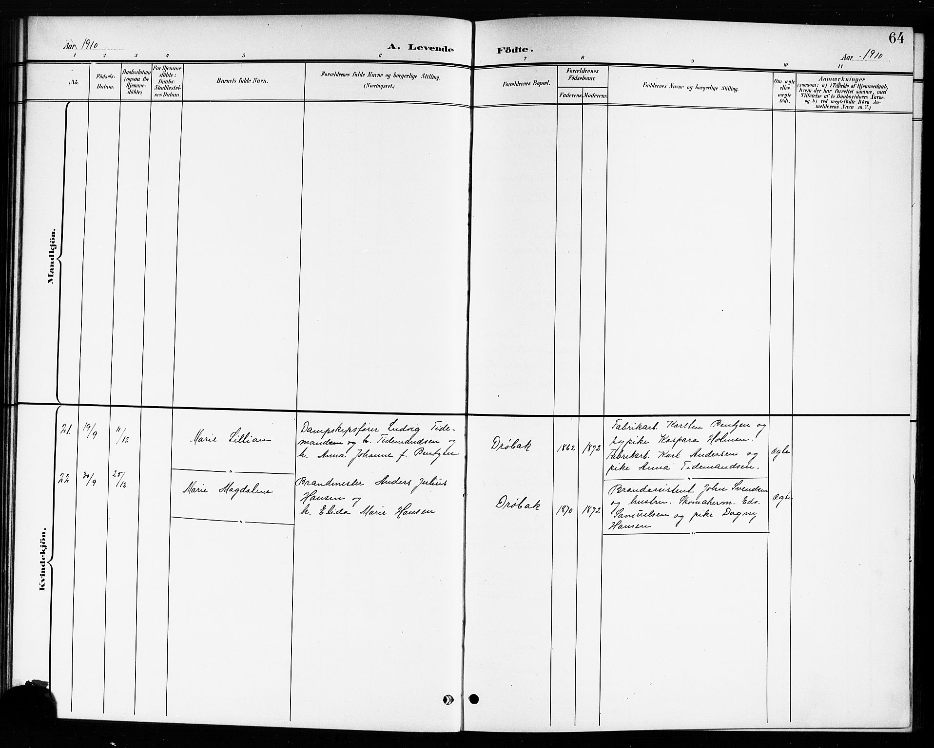 Drøbak prestekontor Kirkebøker, AV/SAO-A-10142a/G/Ga/L0001: Parish register (copy) no. I 1, 1897-1917, p. 64