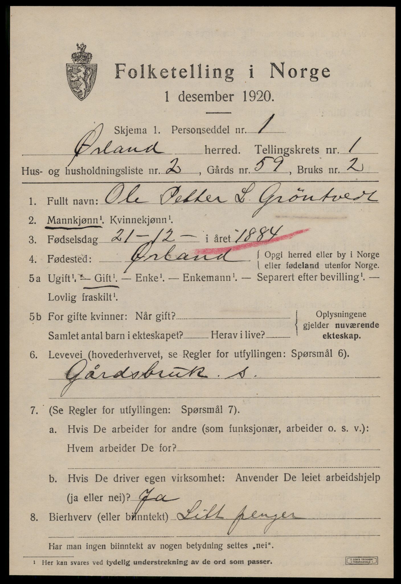 SAT, 1920 census for Ørland, 1920, p. 1365