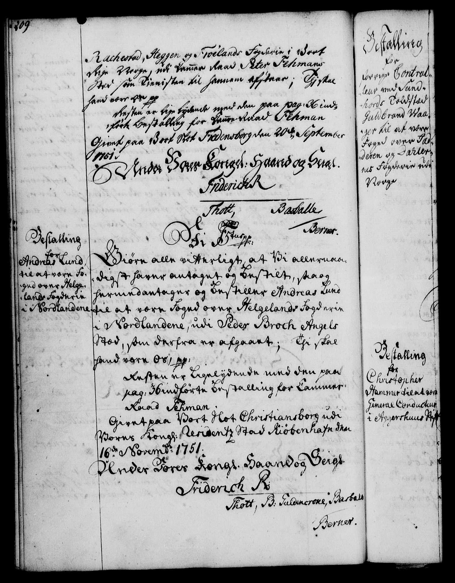 Rentekammeret, Kammerkanselliet, RA/EA-3111/G/Gg/Gge/L0003: Norsk bestallingsprotokoll med register (merket RK 53.27), 1745-1761, p. 209