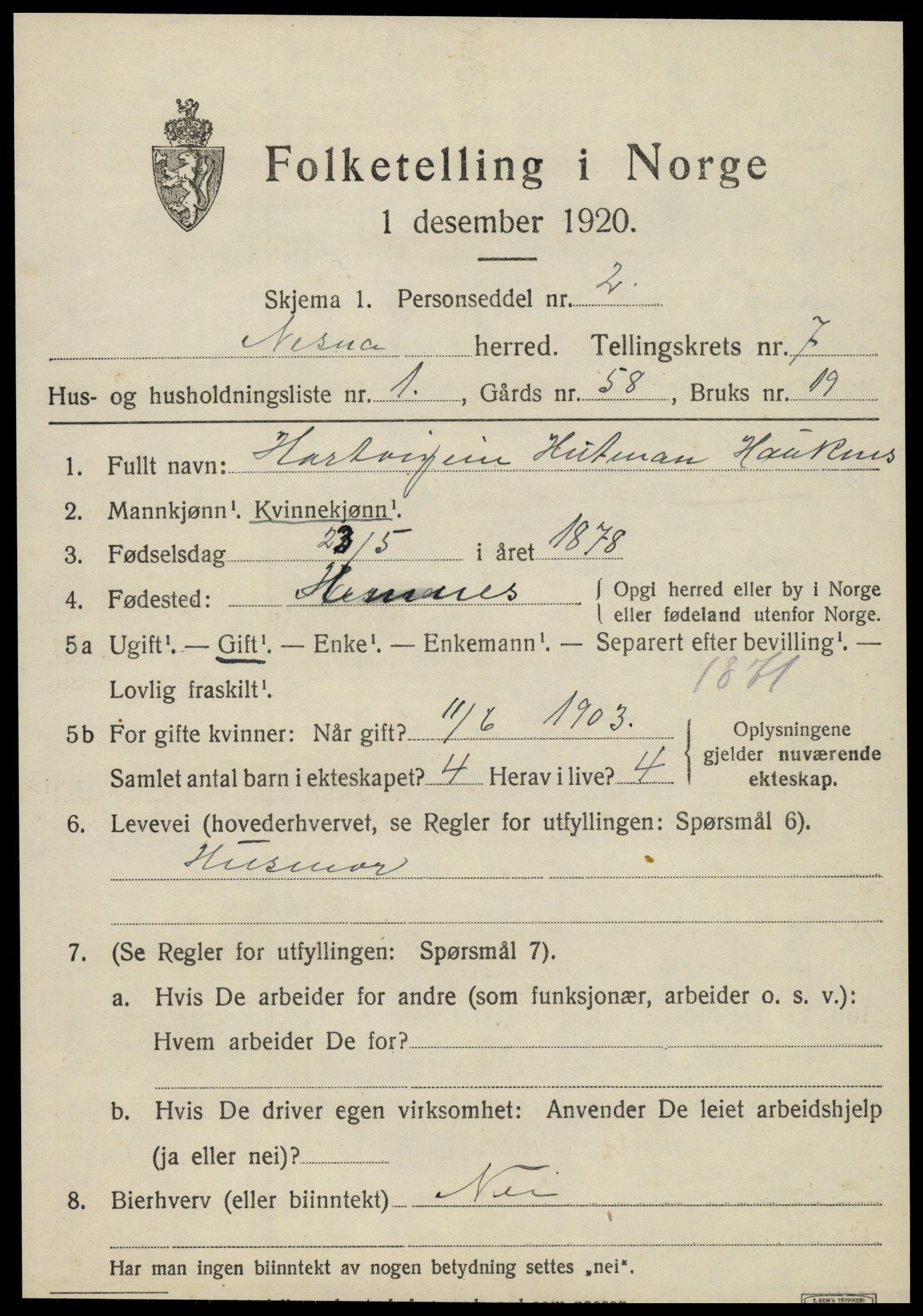 SAT, 1920 census for Nesna, 1920, p. 5197