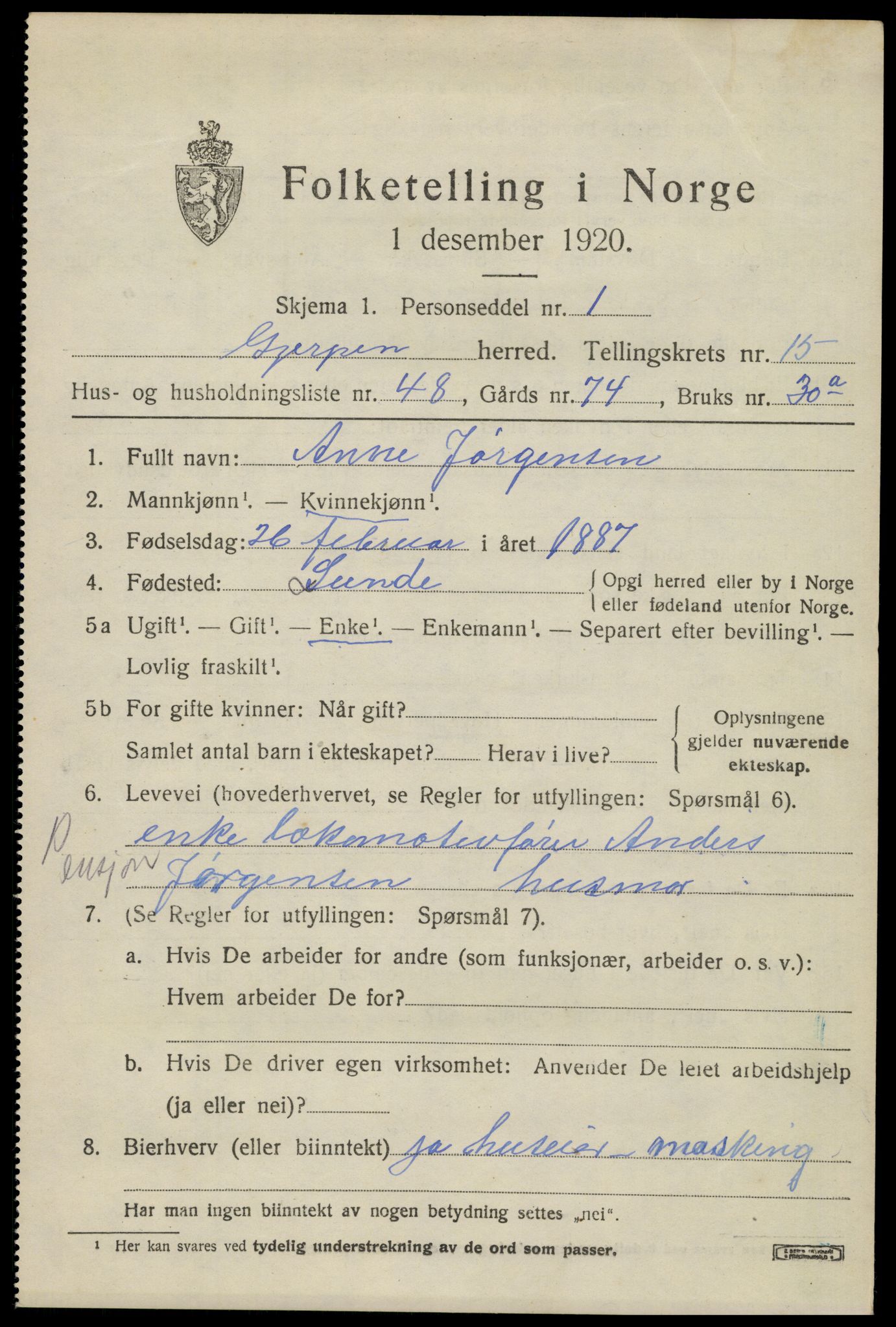 SAKO, 1920 census for Gjerpen, 1920, p. 17816
