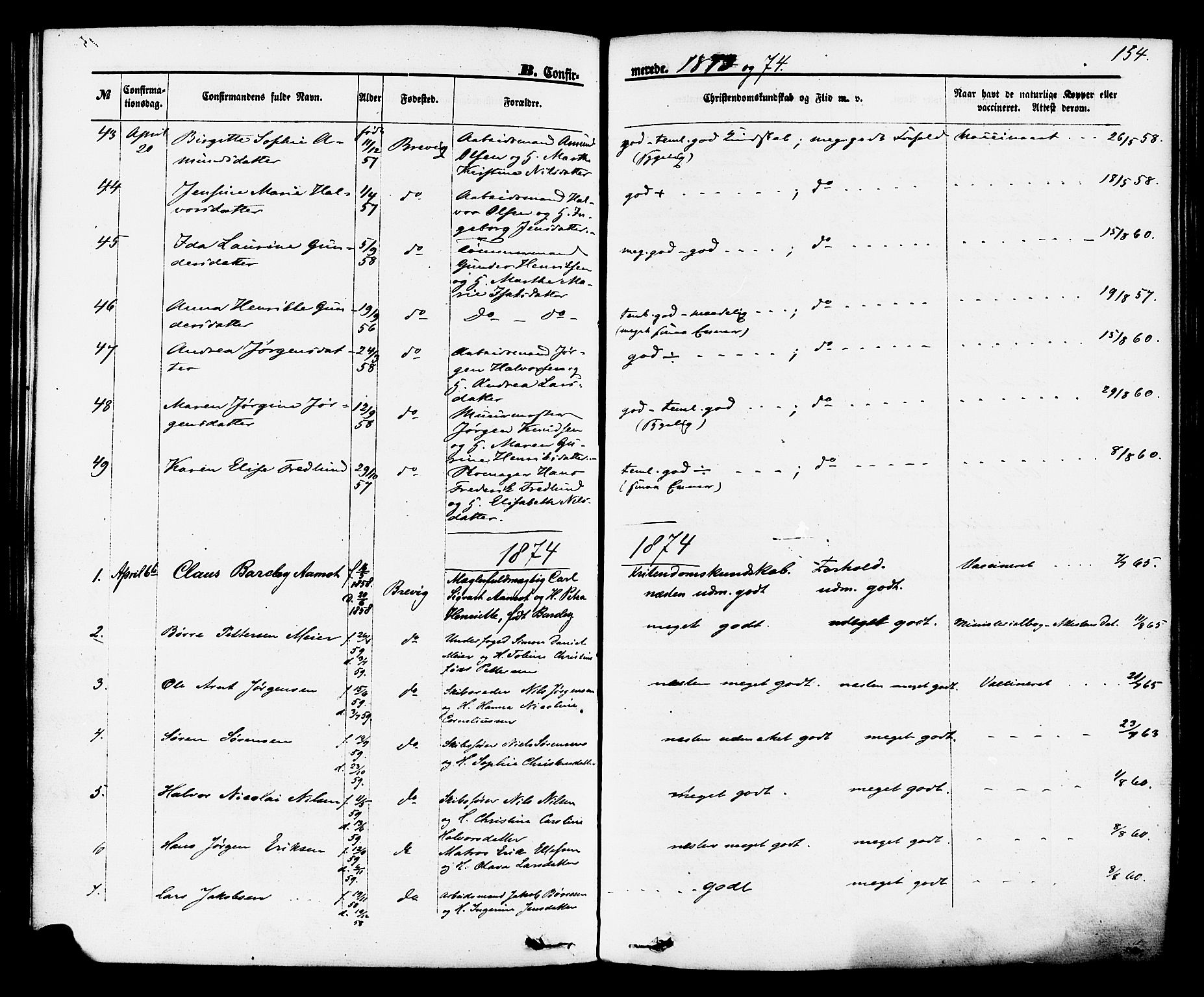 Brevik kirkebøker, SAKO/A-255/F/Fa/L0006: Parish register (official) no. 6, 1866-1881, p. 154