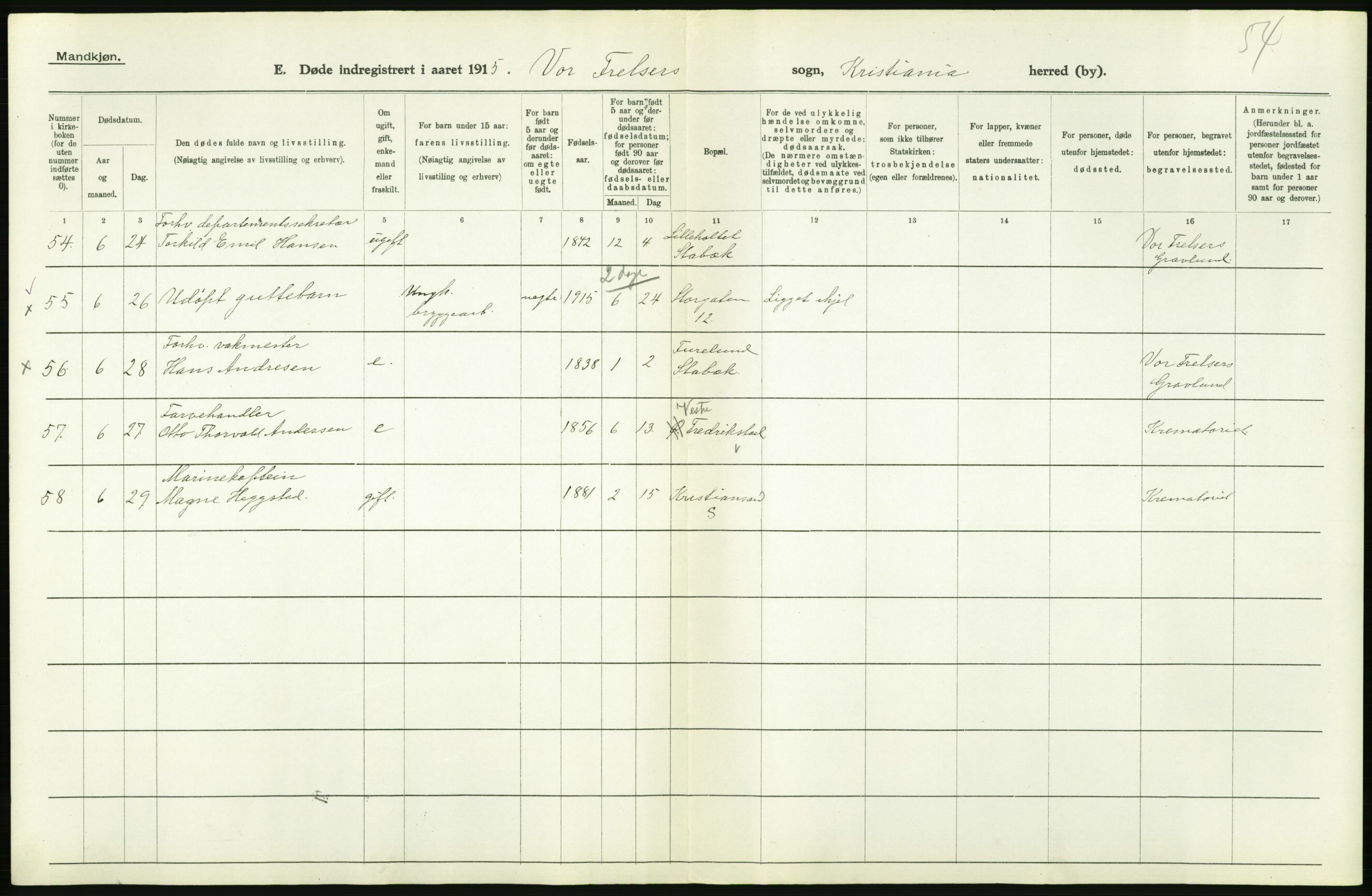 Statistisk sentralbyrå, Sosiodemografiske emner, Befolkning, AV/RA-S-2228/D/Df/Dfb/Dfbe/L0009: Kristiania: Døde., 1915, p. 122