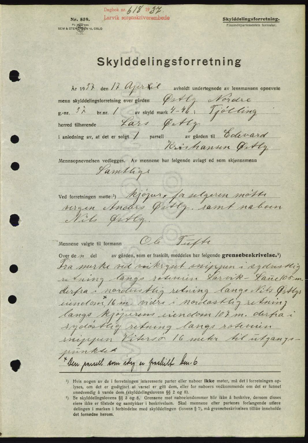 Larvik sorenskriveri, SAKO/A-83/G/Ga/Gab/L0067: Mortgage book no. A-1, 1936-1937, Diary no: : 618/1937