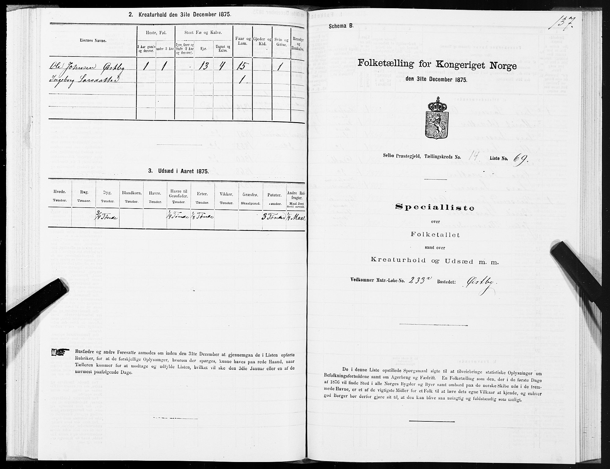 SAT, 1875 census for 1664P Selbu, 1875, p. 7137